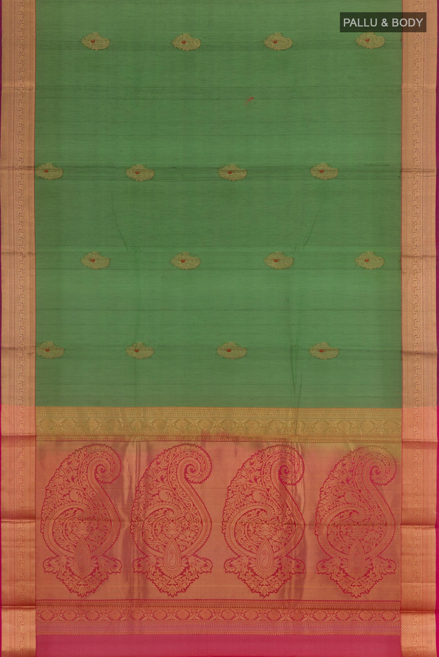 Flat view of Green Blended Kora Cotton Saree with Zari Butta on the body and Zari Border. 