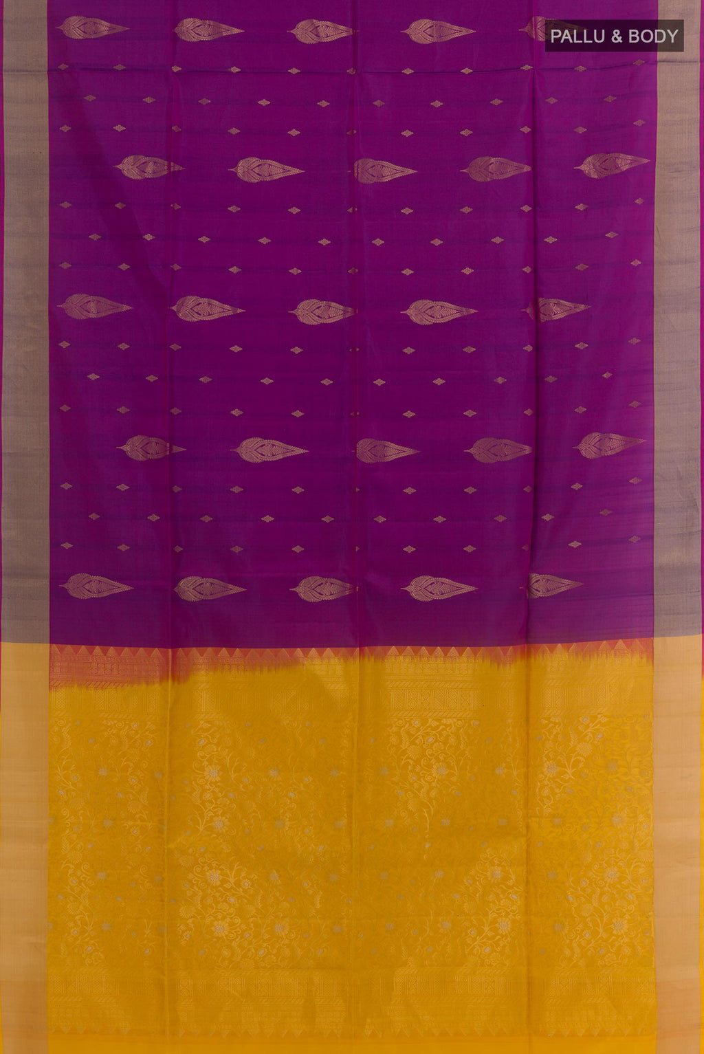 Flat view of Multi Color Soft Silk Saree with Half And Half on the body and Zari Border. 