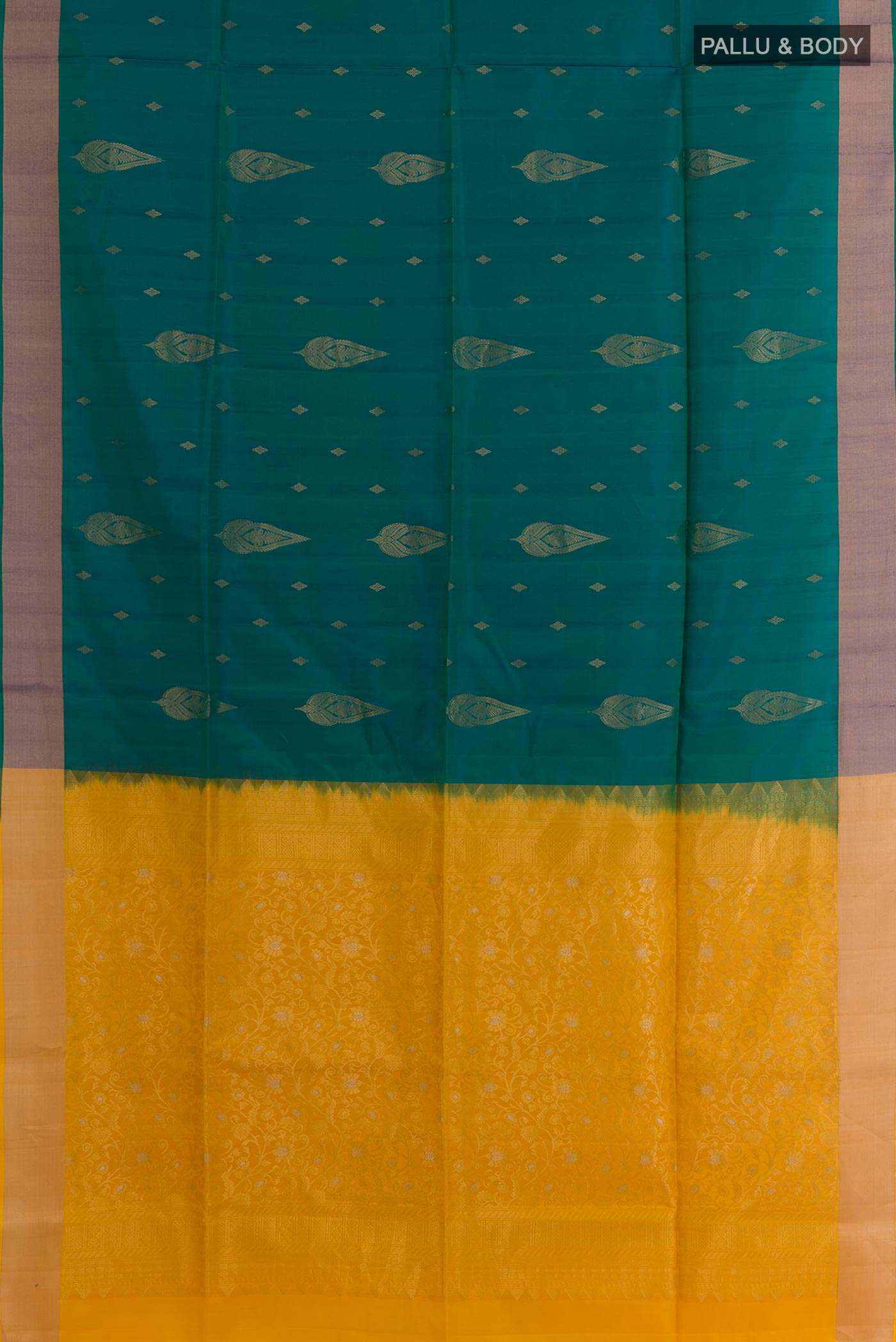 Flat view of Multi Color Soft Silk Saree with Half And Half on the body and Zari Border. 