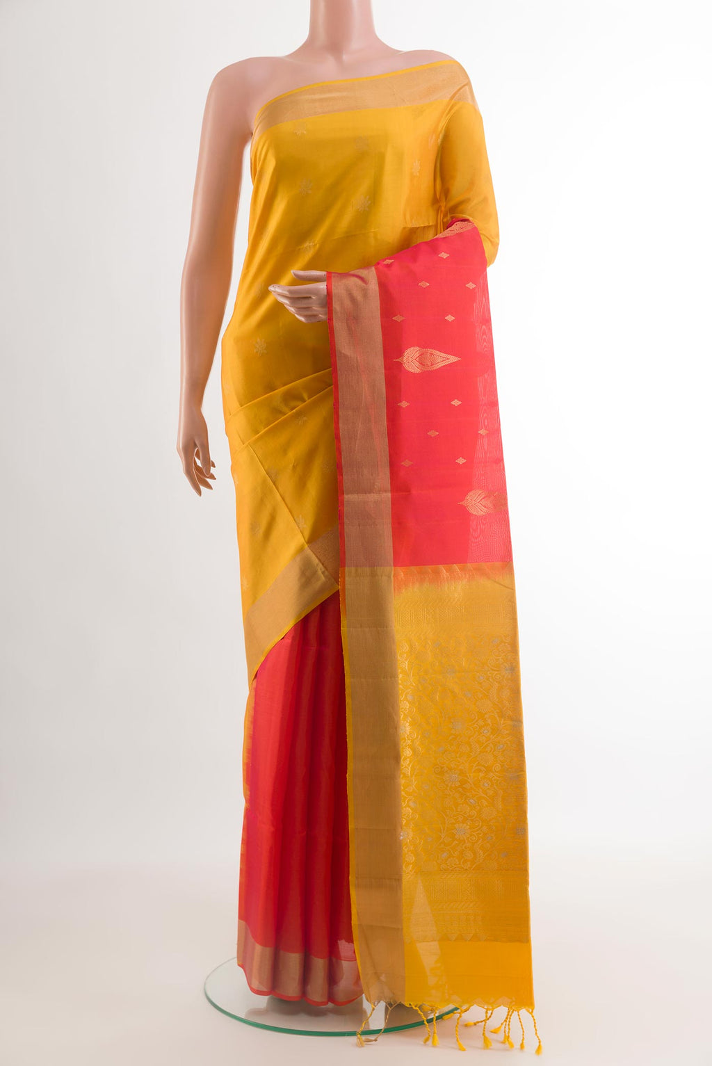 Multi Color Soft Silk Saree with Half And Half on the body and Zari Border.  displayed on a mannequin