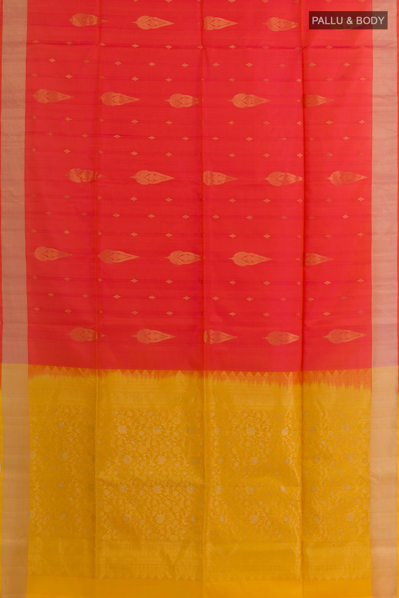 Flat view of Multi Color Soft Silk Saree with Half And Half on the body and Zari Border. 