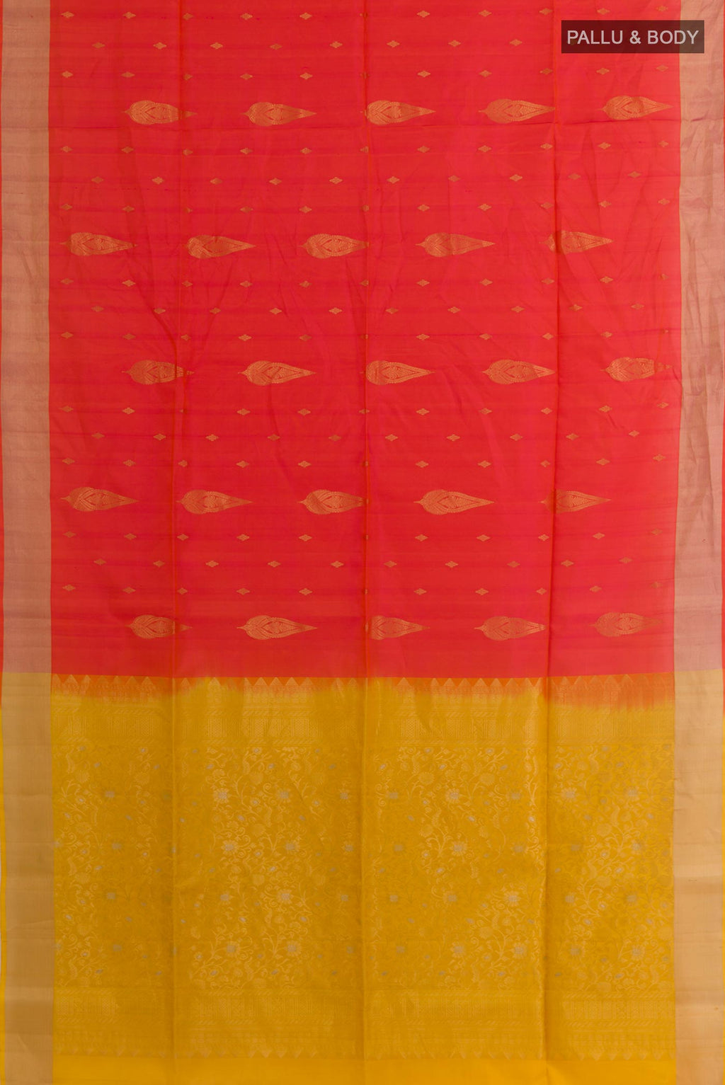Flat view of Multi Color Soft Silk Saree with Zari Butta on the body and Zari Border. 