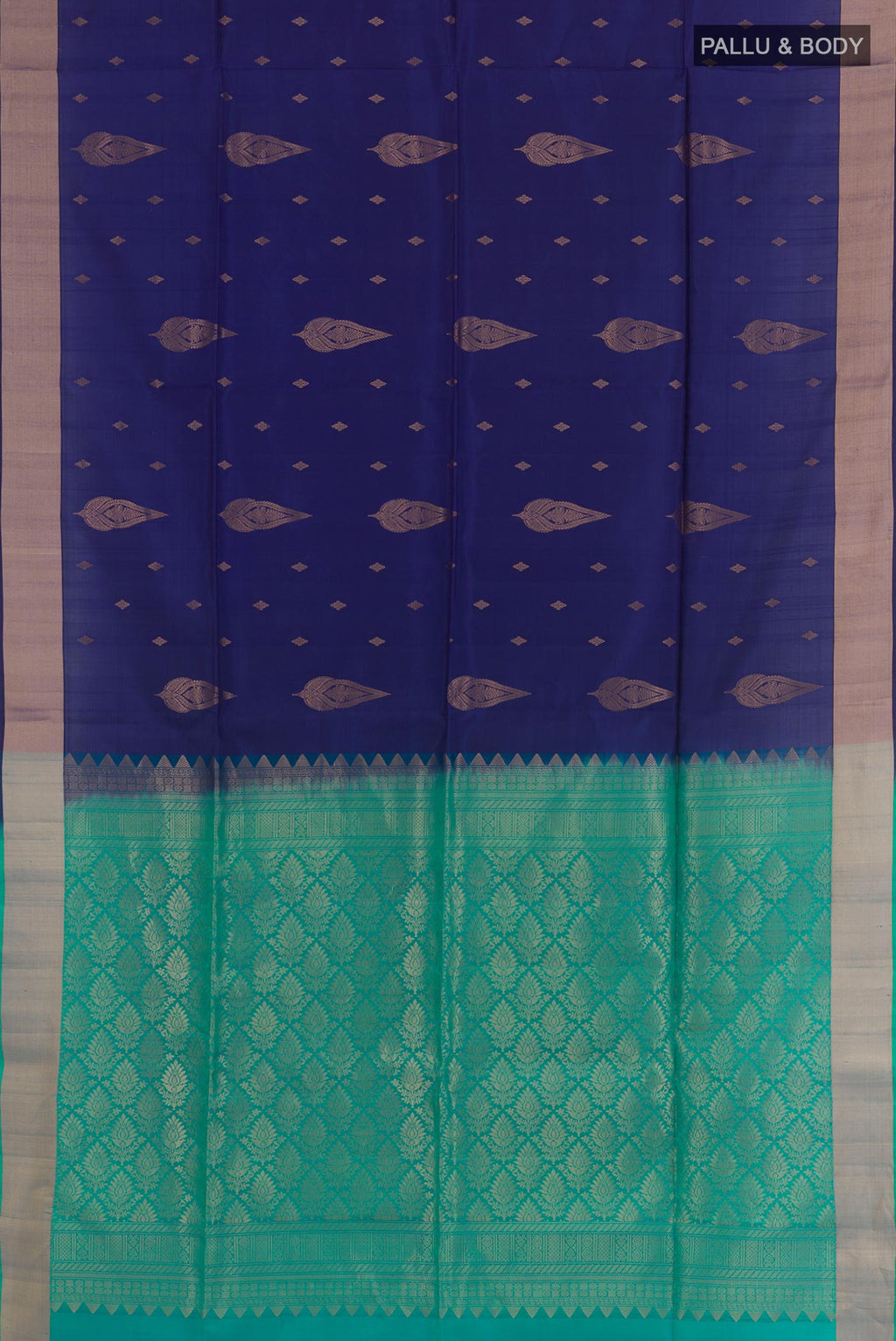 Flat view of Blue Soft Silk Saree with Zari Butta on the body and Zari Border. 