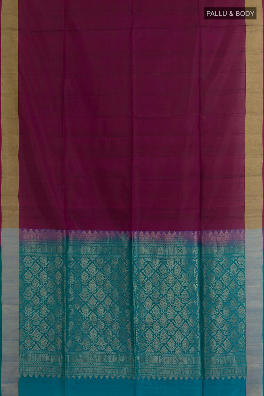 Flat view of Multi Color Soft Silk Saree with Half And Half on the body and Zari Border. 