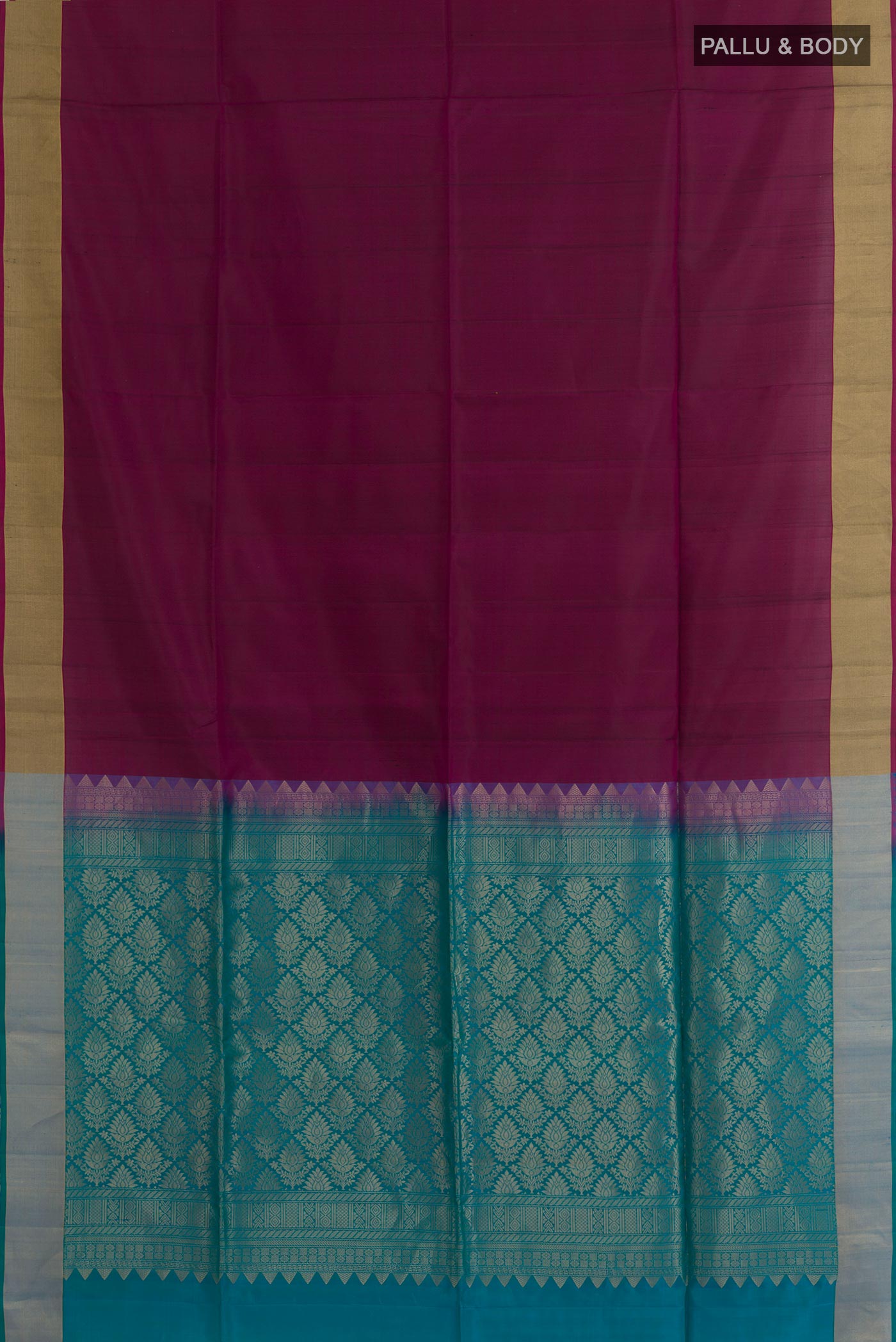 Flat view of Multi Color Soft Silk Saree with Half And Half on the body and Zari Border. 