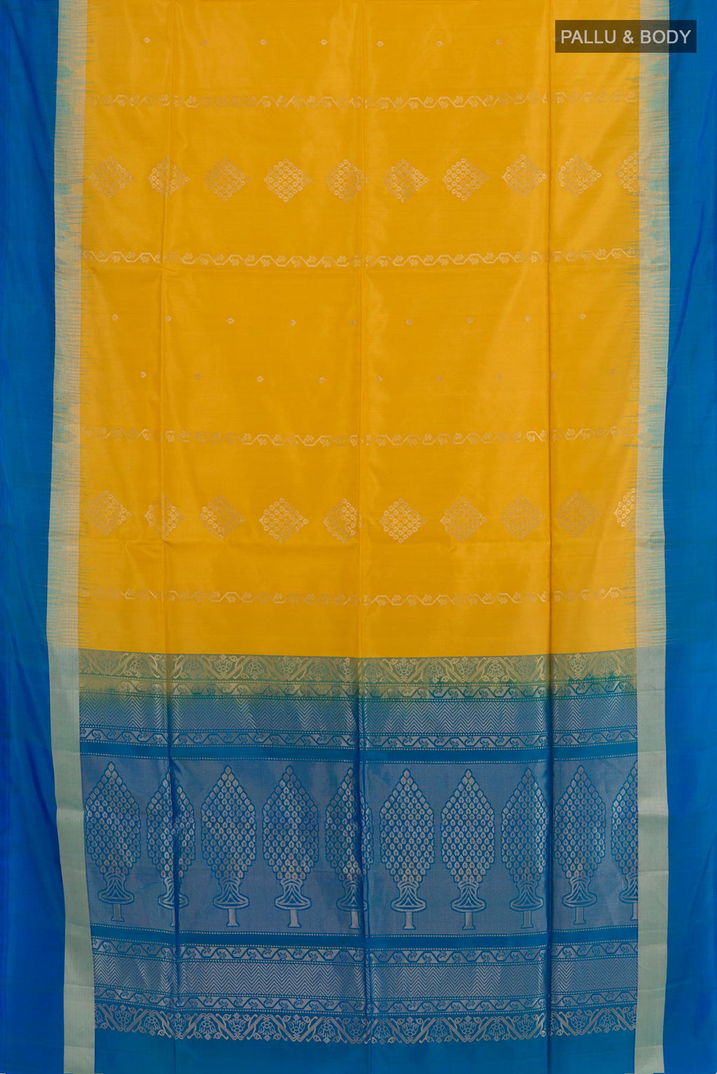 Flat view of Yellow Soft Silk Saree with Zari Butta on the body and Zari Border. 