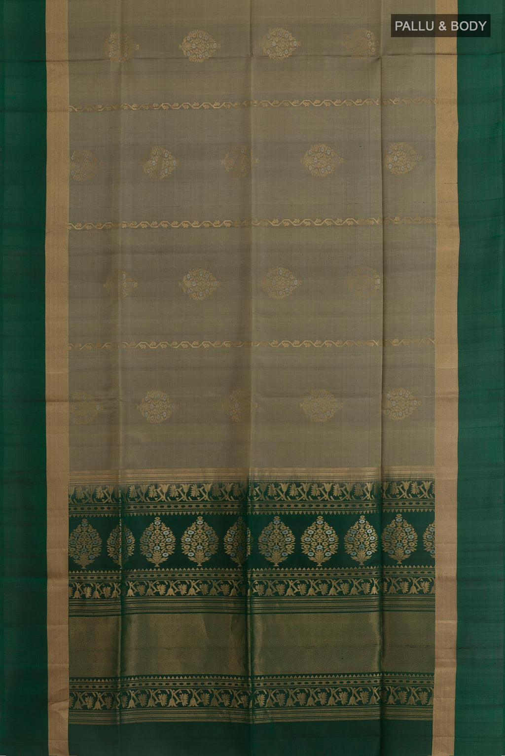 Flat view of Grey Soft Silk Saree with Zari Butta on the body and Zari Border. 