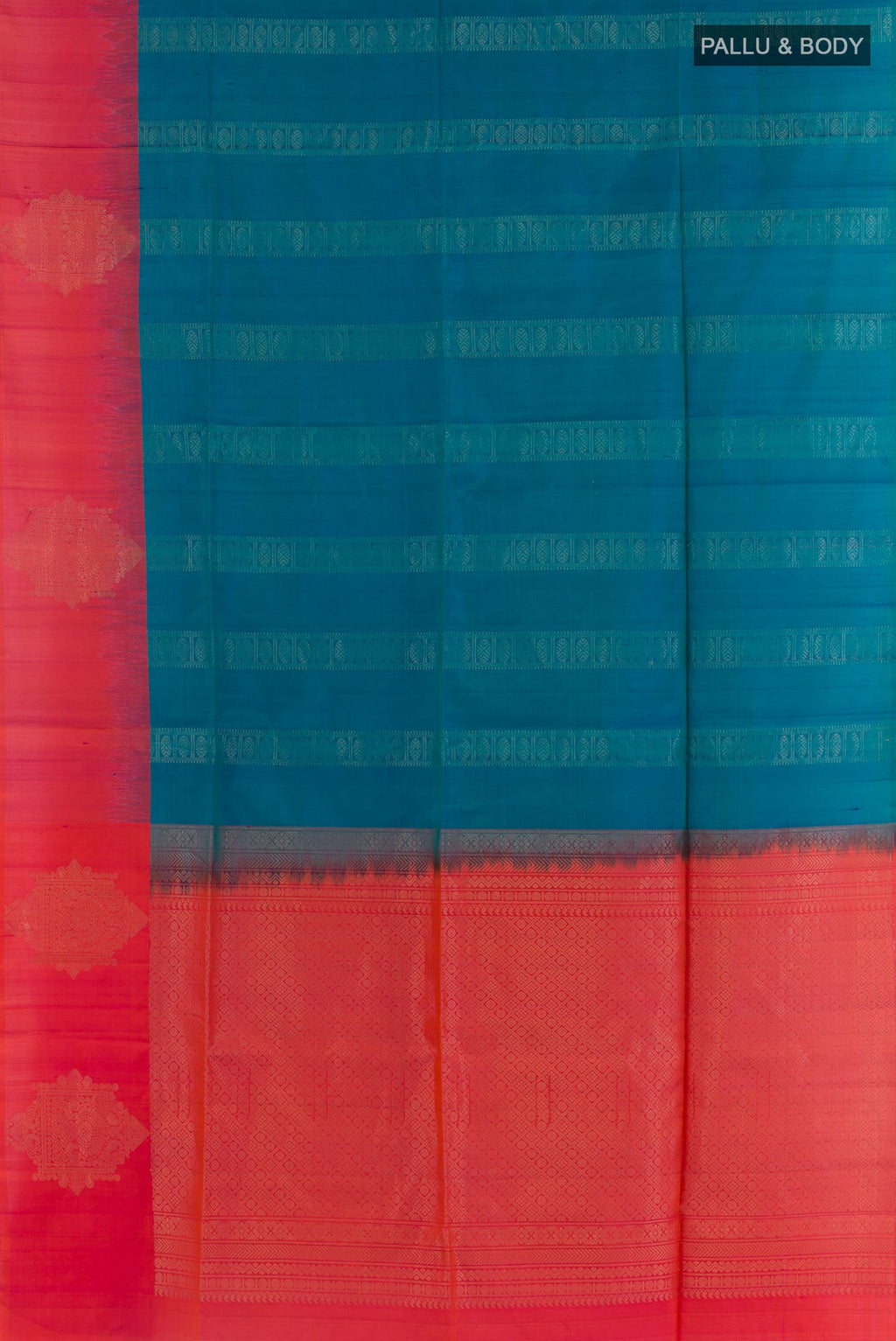 Flat view of Blue Soft Silk Saree with Zari Butta on the body and Zari Border. 