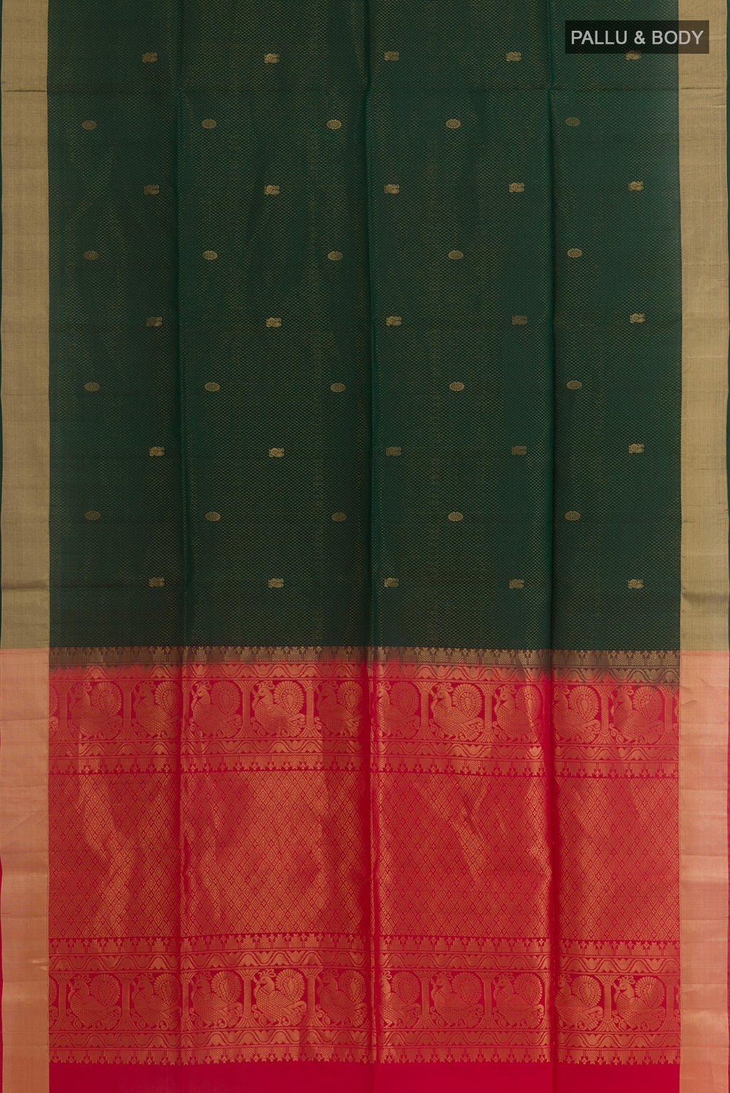 Flat view of Bottle Green Soft Silk Saree with Zari Butta on the body and Zari Border. 