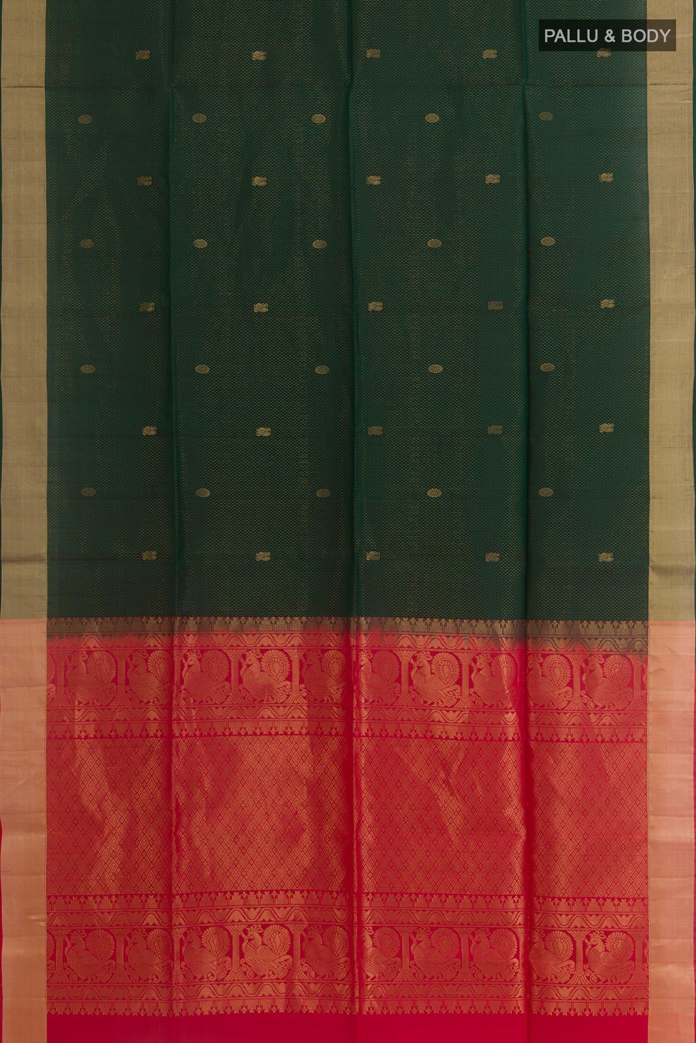 Flat view of Bottle Green Soft Silk Saree with Zari Butta on the body and Zari Border. 