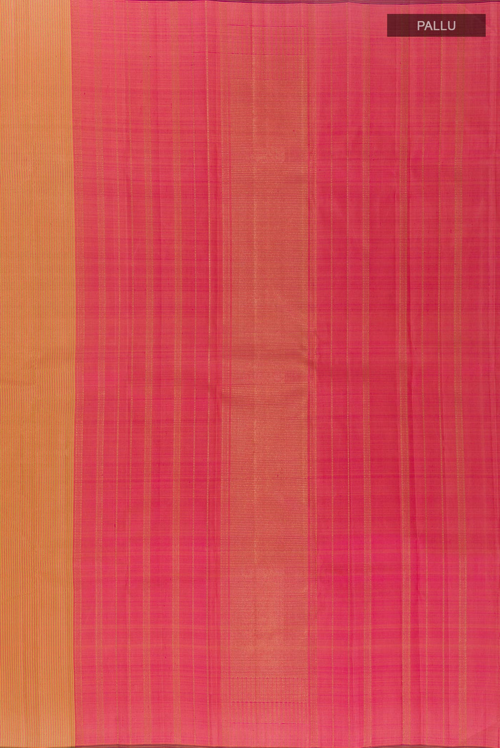 Close up image of the pallu of Pink Kanjivaram Silk Saree with Zari Butta on the body and Without Border. 