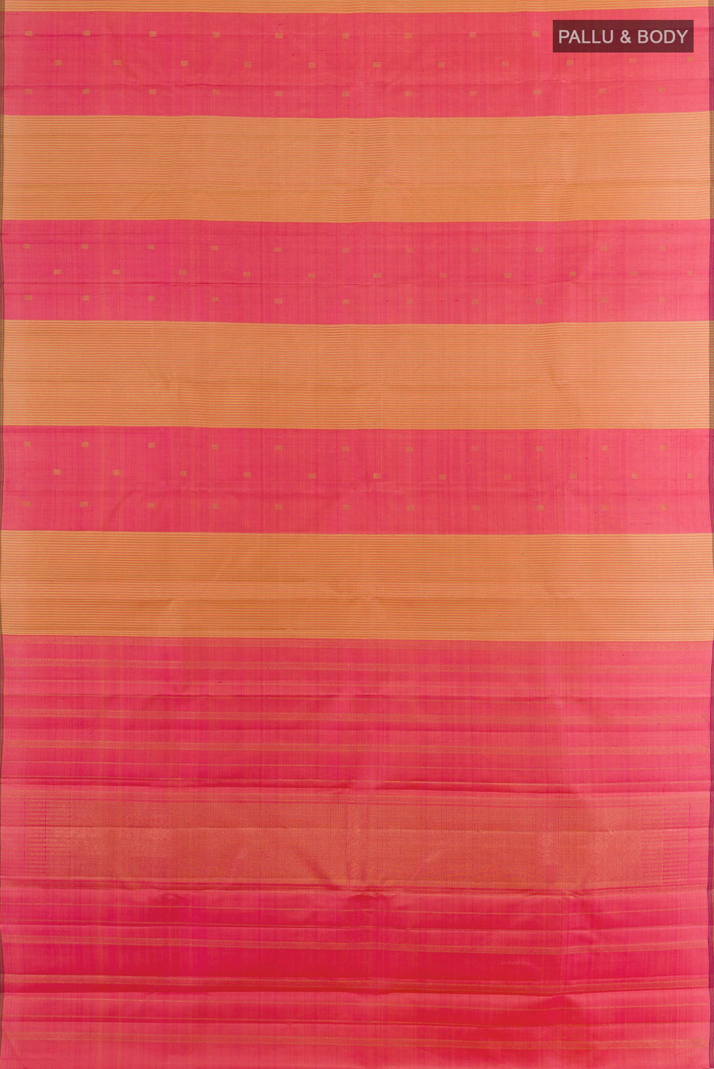 Flat view of Pink Kanjivaram Silk Saree with Zari Butta on the body and Without Border. 