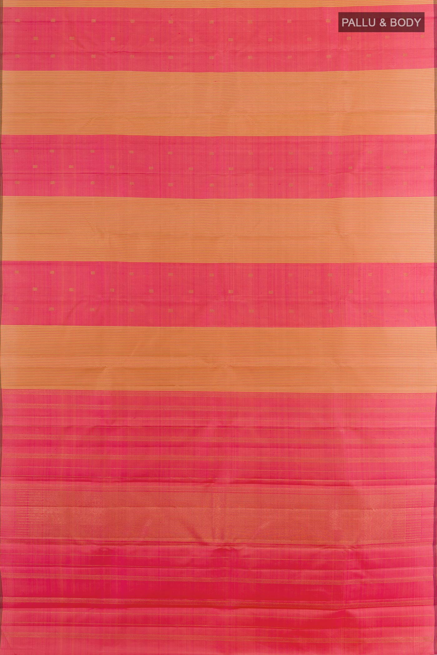 Flat view of Pink Kanjivaram Silk Saree with Zari Butta on the body and Without Border. 