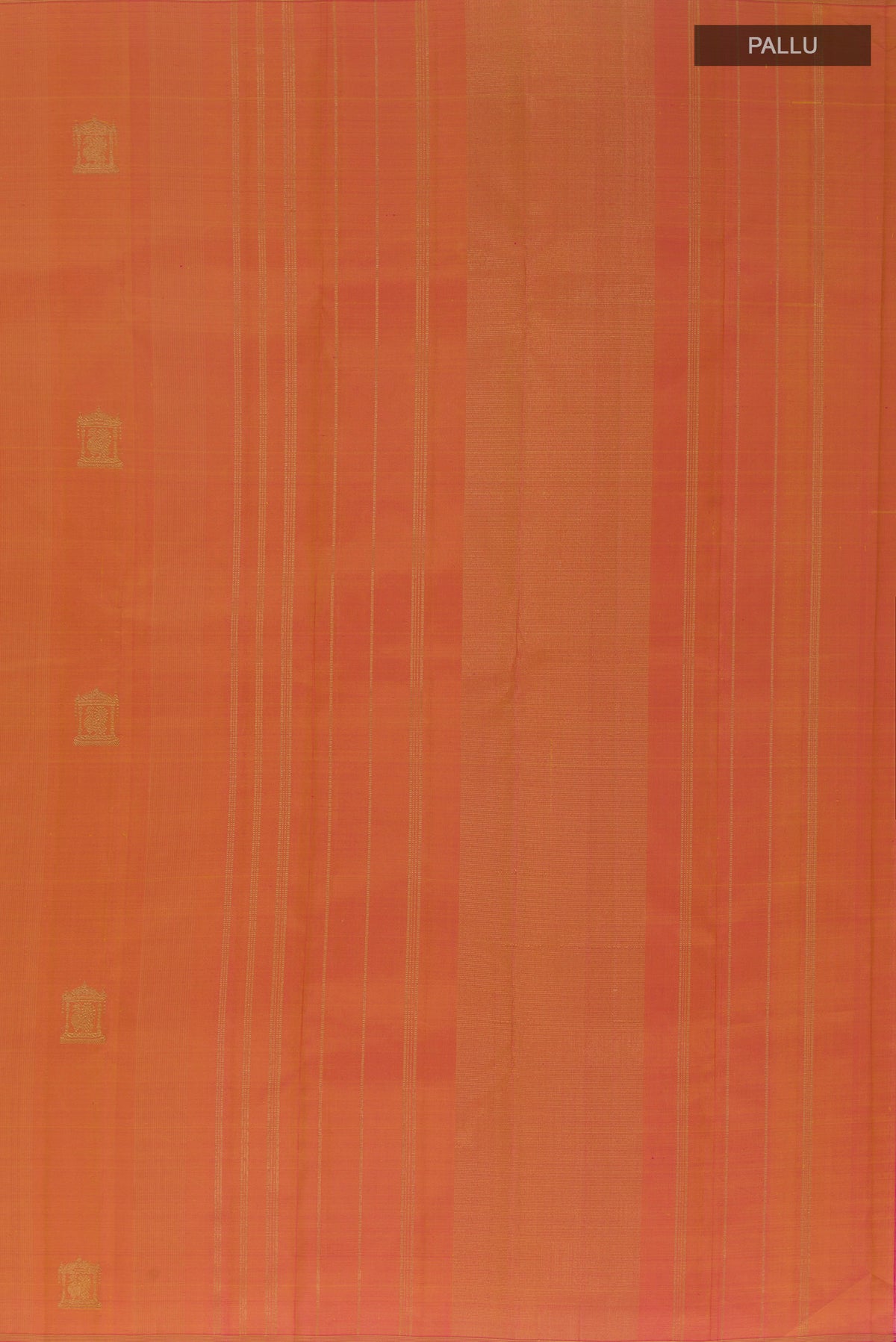 Close up image of the pallu of Pinkish Yellow Dual Tone Kanjivaram Silk Saree with Zari Butta on the body and Zari Border. 