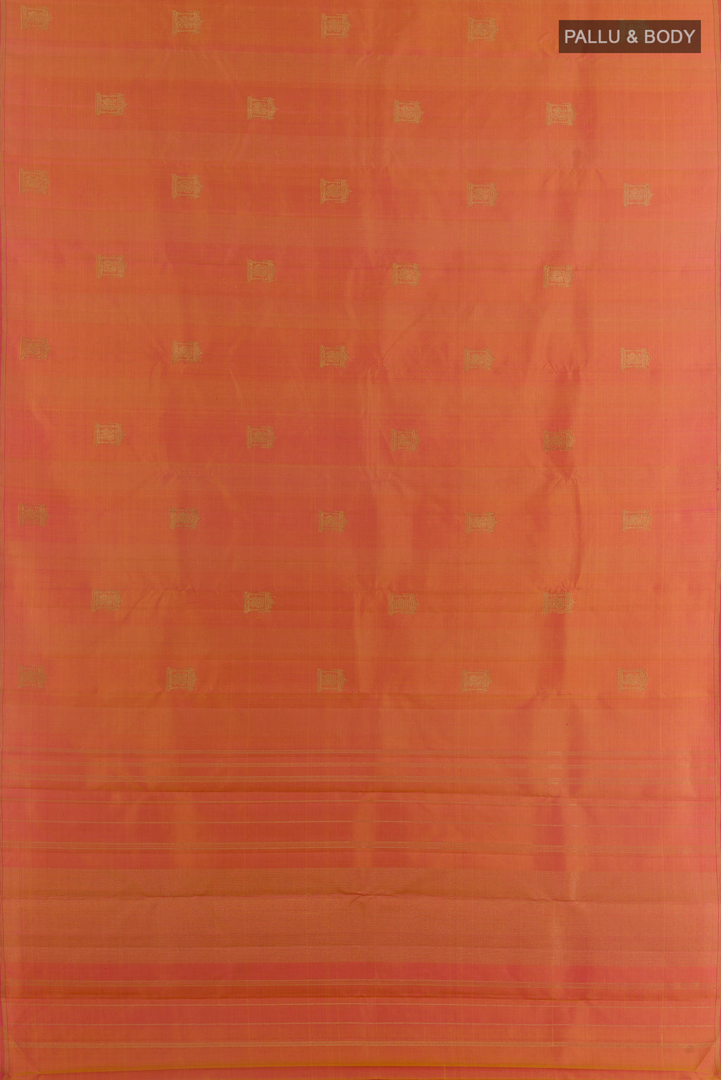Flat view of Pinkish Yellow Dual Tone Kanjivaram Silk Saree with Zari Butta on the body and Zari Border. 