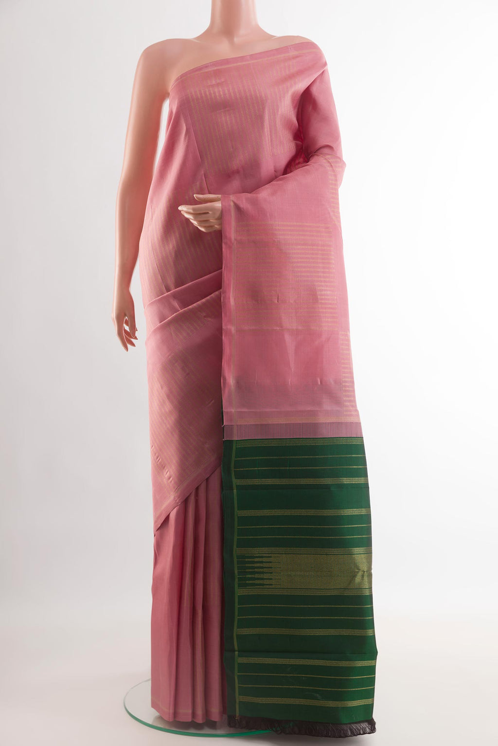 Pure Silk Pure Zari Pink Kanchipuram Saree with Stripes on the body and Zari Border.  displayed on a mannequin