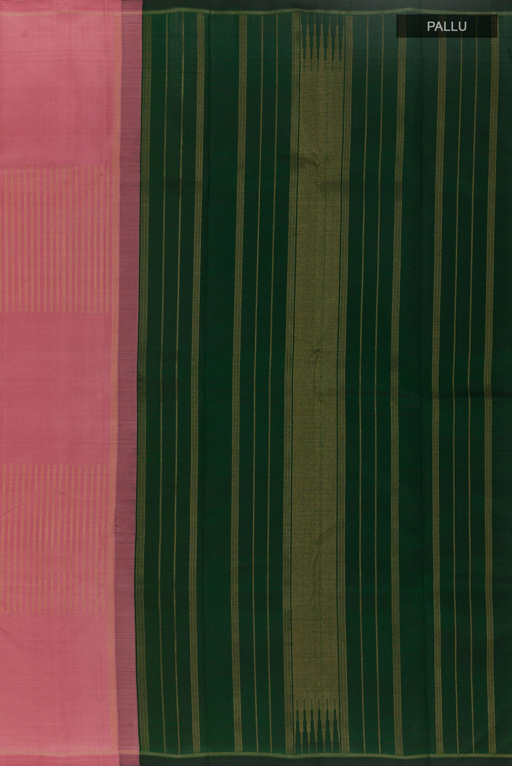 Close up image of the pallu of Pure Silk Pure Zari Pink Kanchipuram Saree with Stripes on the body and Zari Border. 