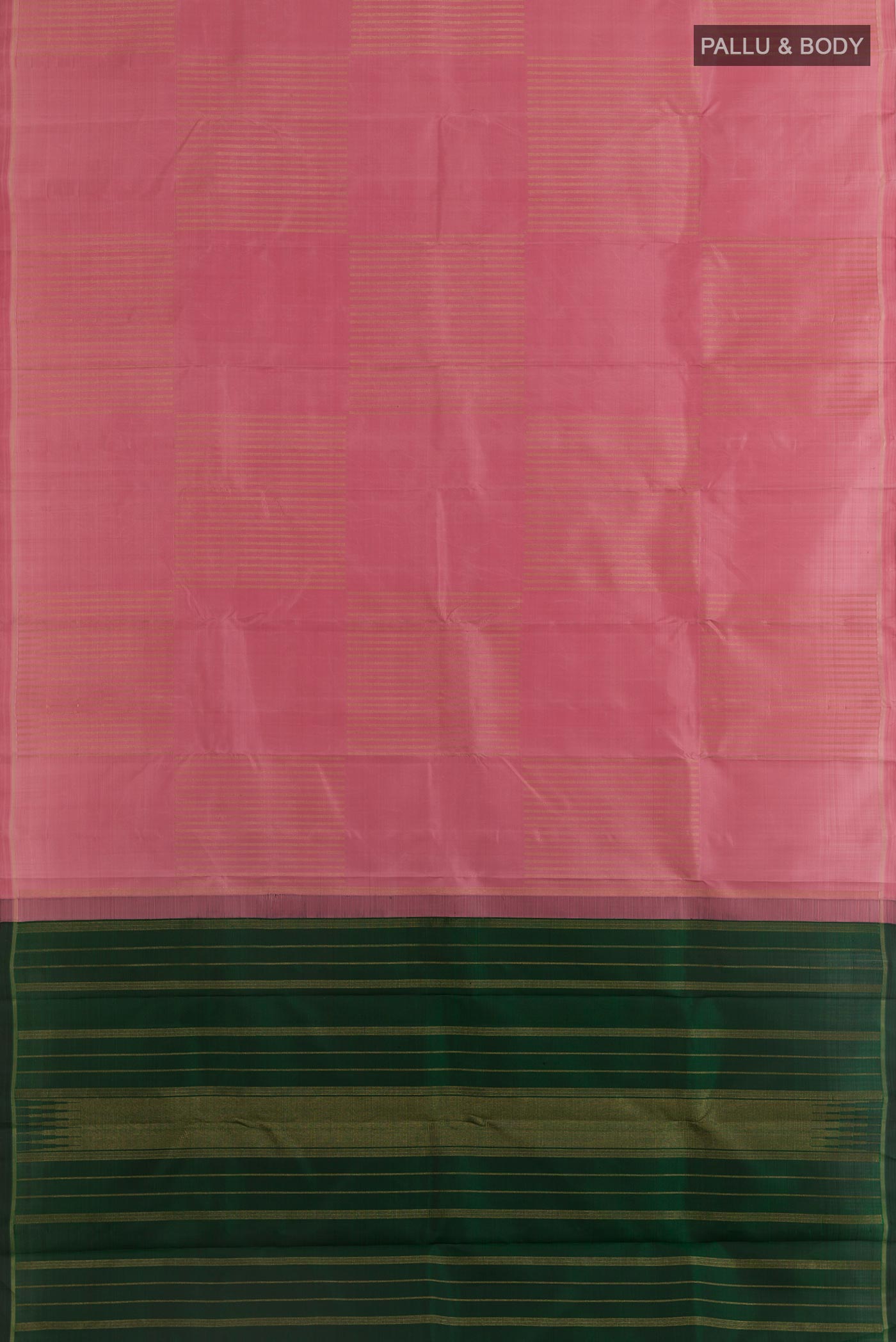 Flat view of Pure Silk Pure Zari Pink Kanchipuram Saree with Stripes on the body and Zari Border. 