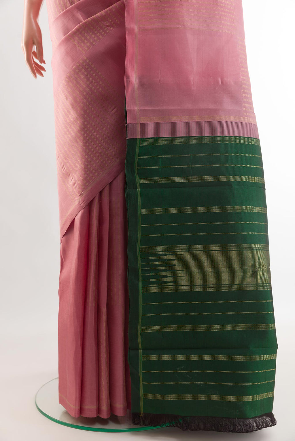 Pleats and pallu of Pure Silk Pure Zari Pink Kanchipuram Saree with Stripes on the body and Zari Border. 