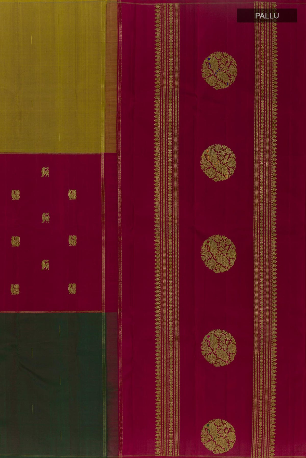 Close up image of the pallu of Pure Silk Pure Zari Multi Color Kanchipuram Saree with Zari Butta on the body and Ganga Jamuna Border. 