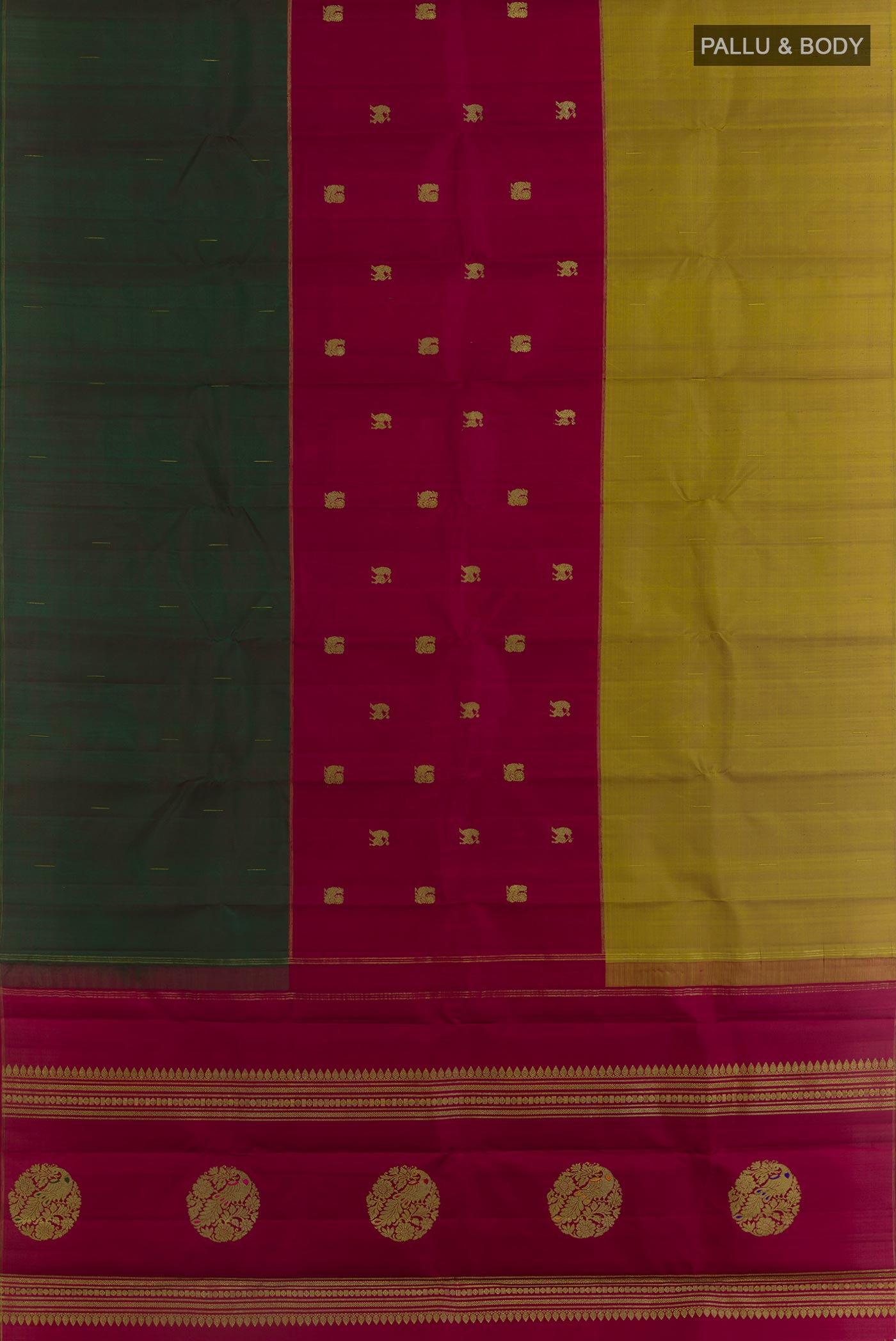 Flat view of Pure Silk Pure Zari Multi Color Kanchipuram Saree with Zari Butta on the body and Ganga Jamuna Border. 