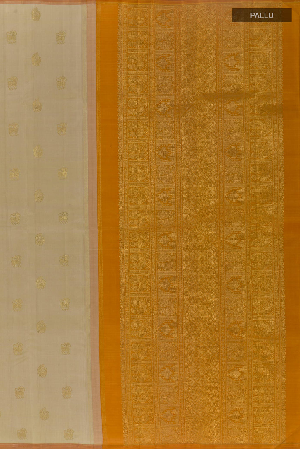 Close up image of the pallu of Pure Silk Pure Zari Beige Kanchipuram Saree with Zari Butta on the body and Without Border. 