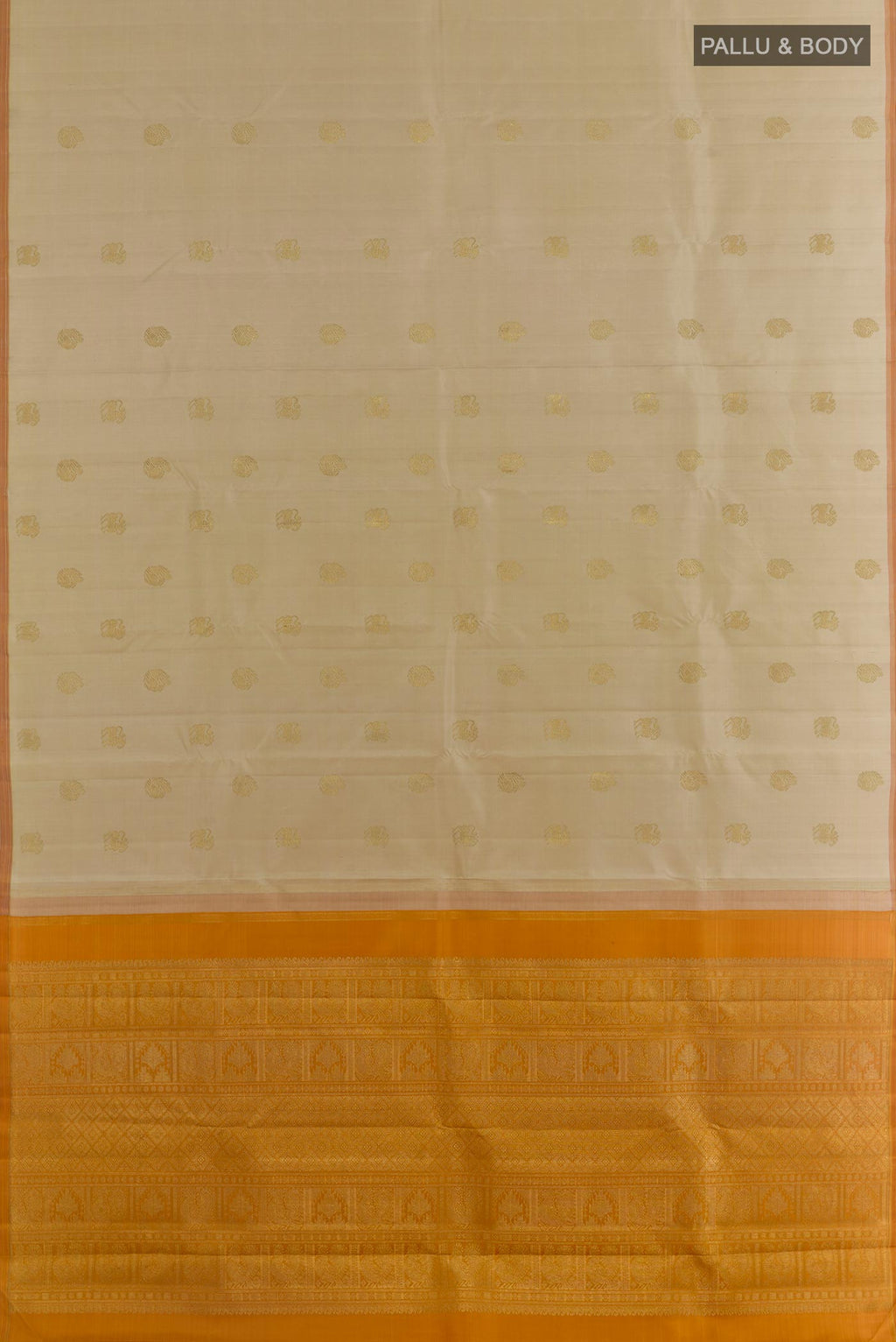 Flat view of Pure Silk Pure Zari Beige Kanchipuram Saree with Zari Butta on the body and Without Border. 