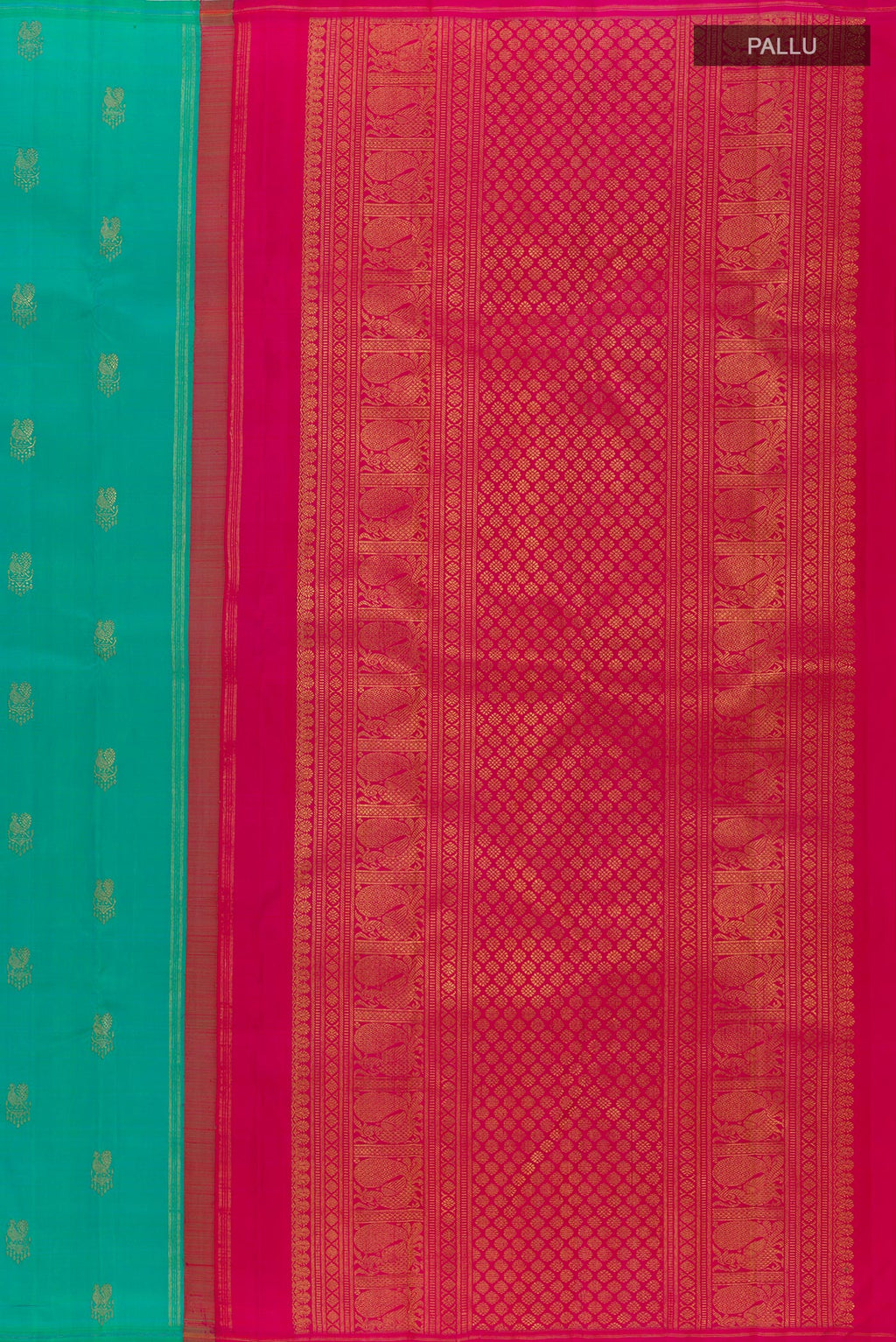 Close up image of the pallu of Turquoise Kanchipuram Silk Saree with Zari Butta on the body and Without Border. 