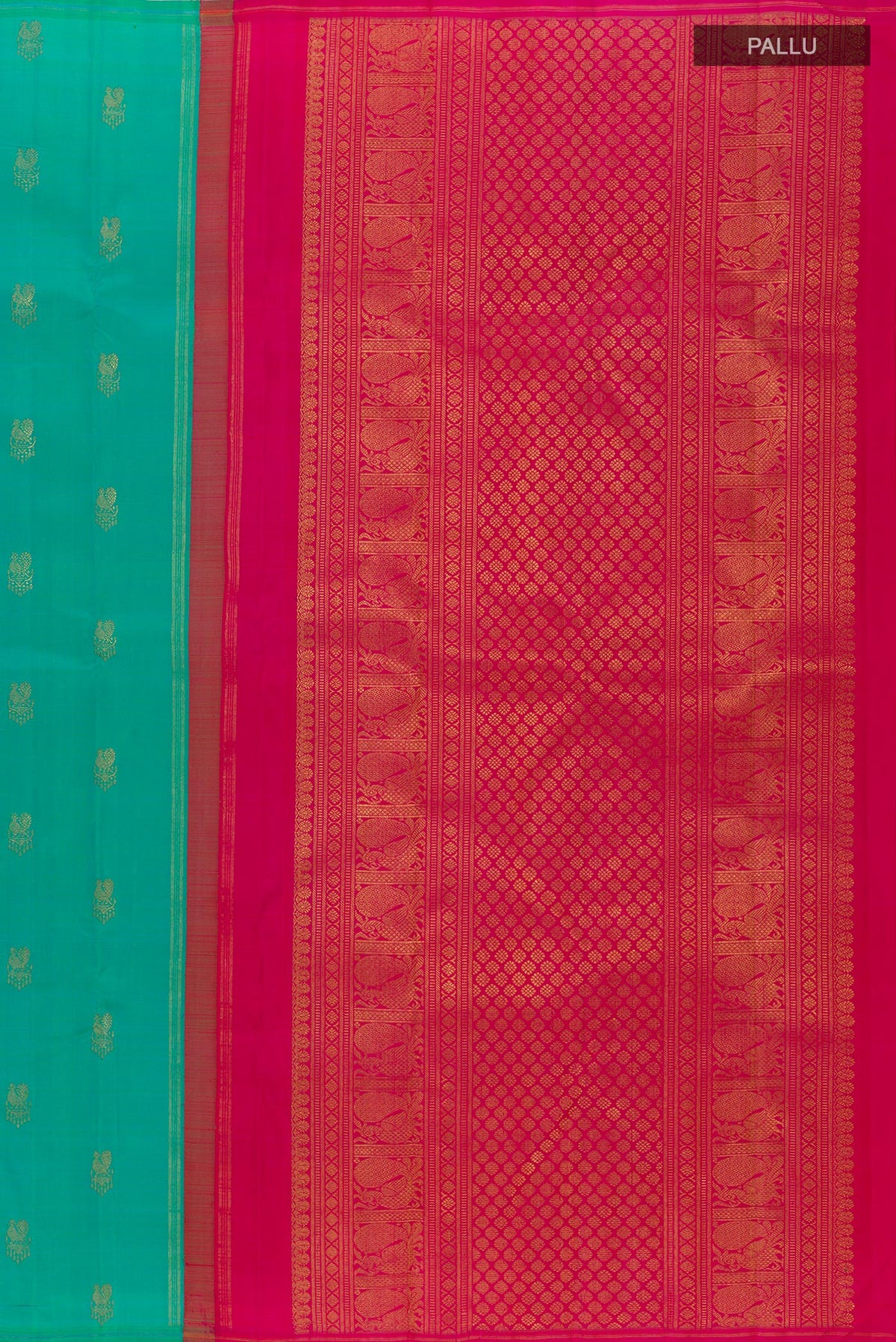 Close up image of the pallu of Turquoise Kanchipuram Silk Saree with Zari Butta on the body and Without Border. 