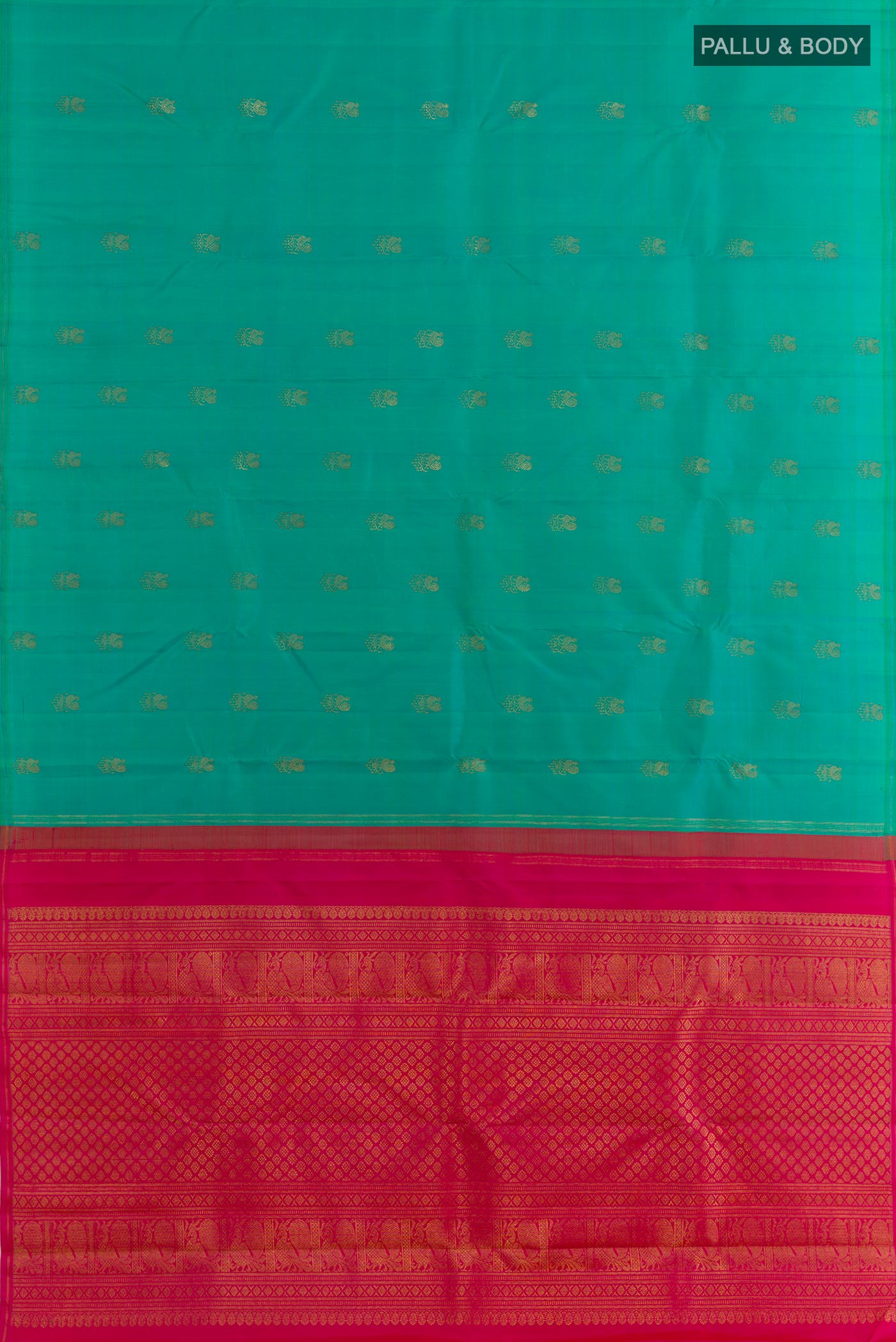 Flat view of Turquoise Kanchipuram Silk Saree with Zari Butta on the body and Without Border. 