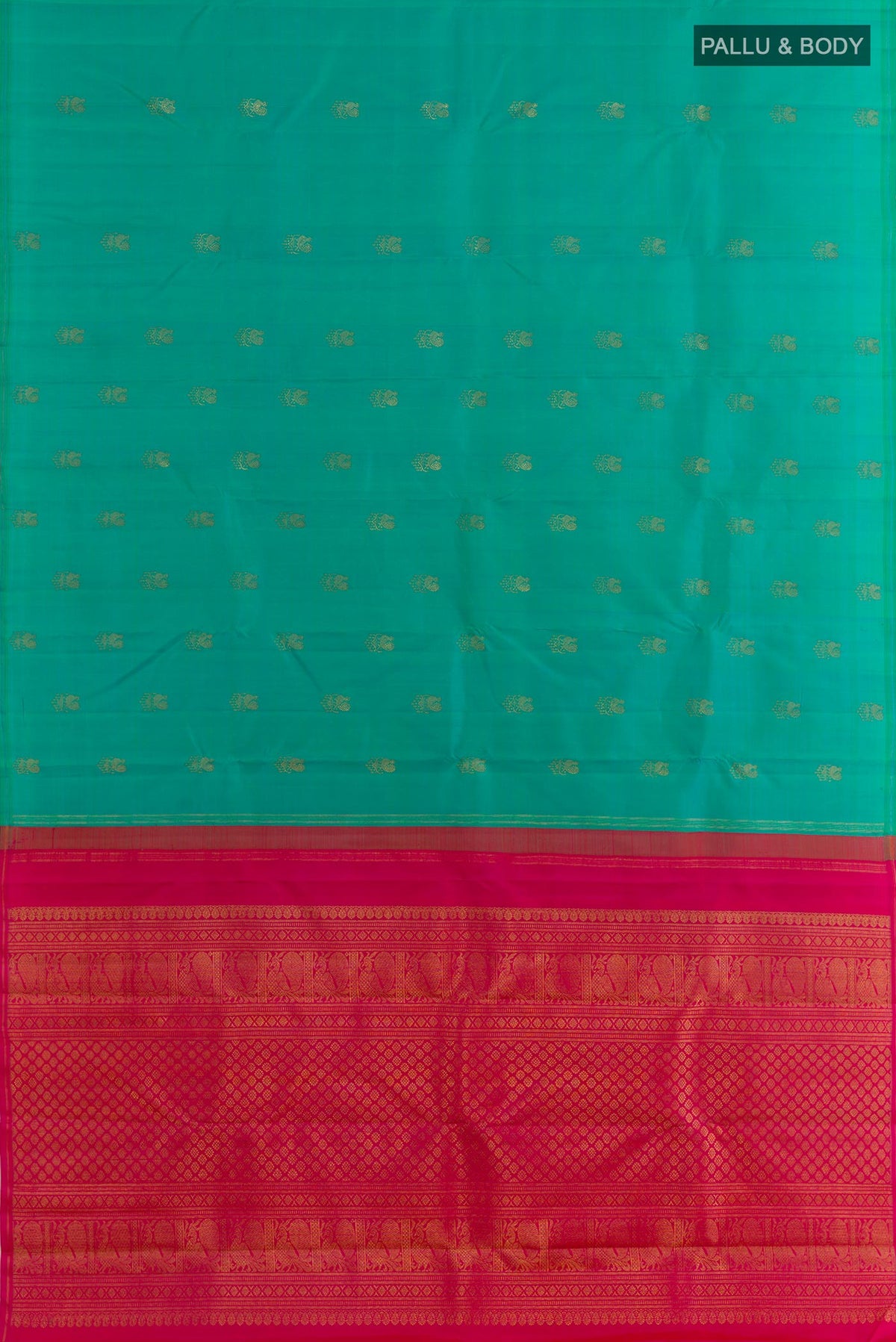 Flat view of Turquoise Kanchipuram Silk Saree with Zari Butta on the body and Without Border. 