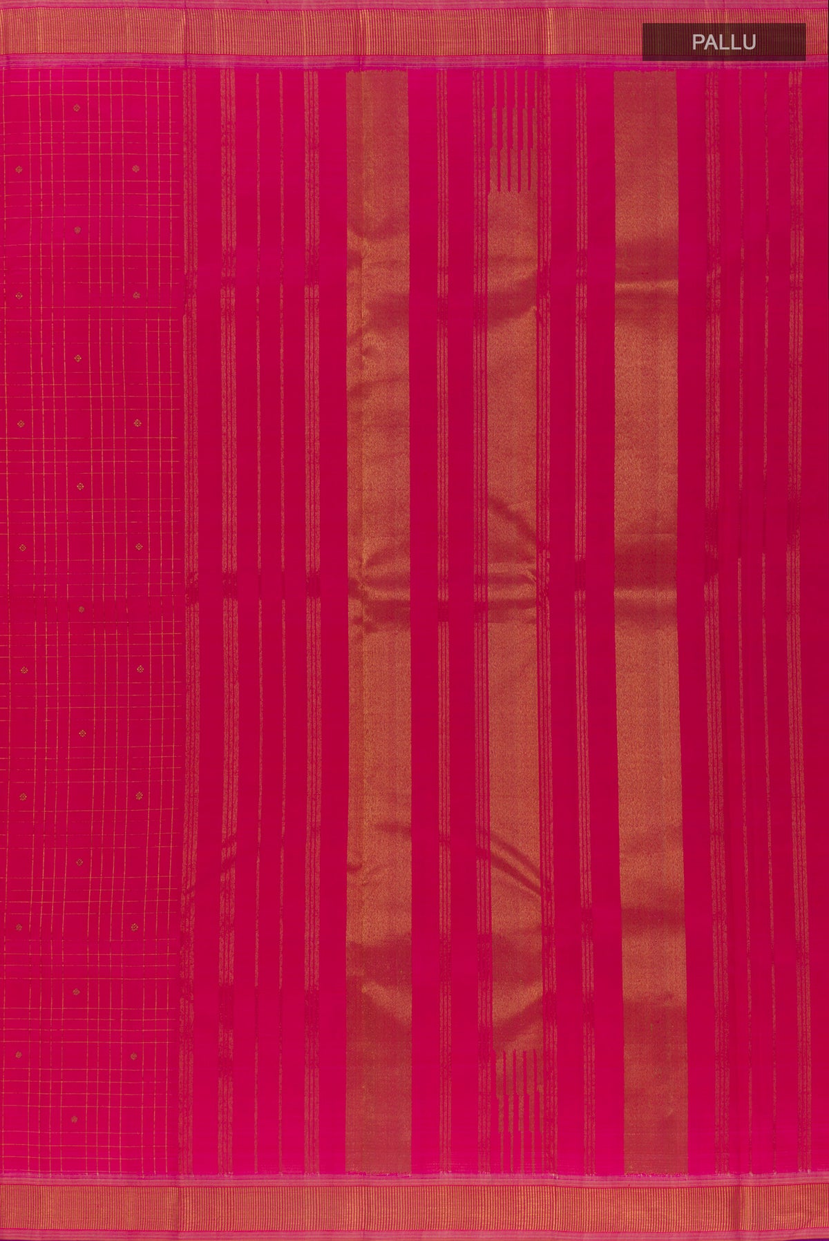 Close up image of the pallu of Pure Silk Pink Kanchipuram Saree with Checked design on the body and Zari Border. 
