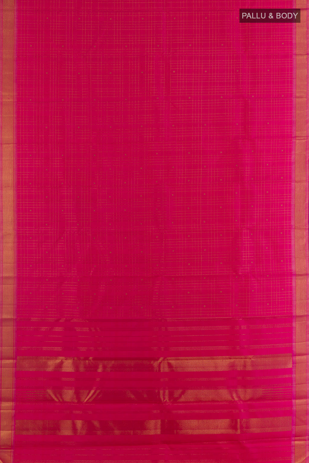 Flat view of Pure Silk Pink Kanchipuram Saree with Checked design on the body and Zari Border. 