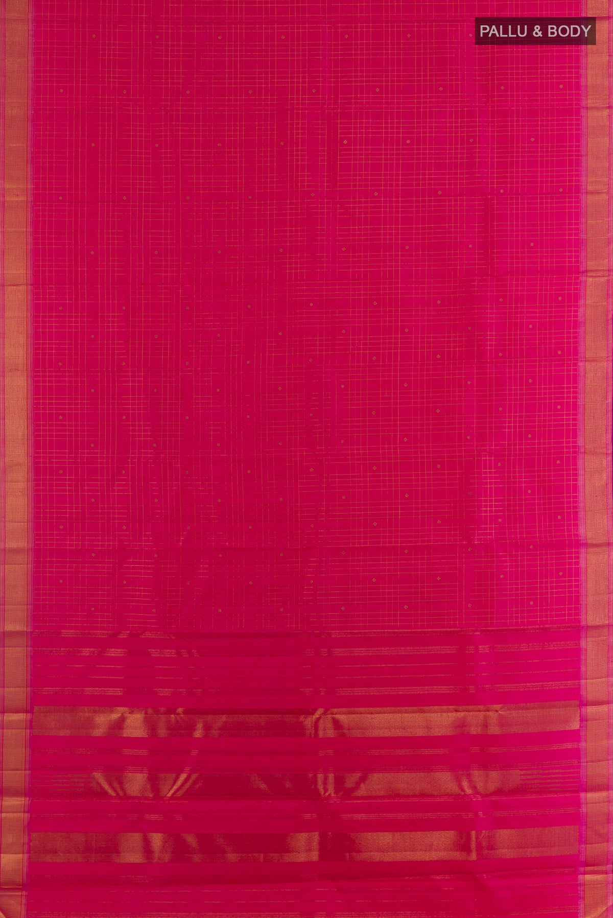 Flat view of Pure Silk Pink Kanchipuram Saree with Checked design on the body and Zari Border. 