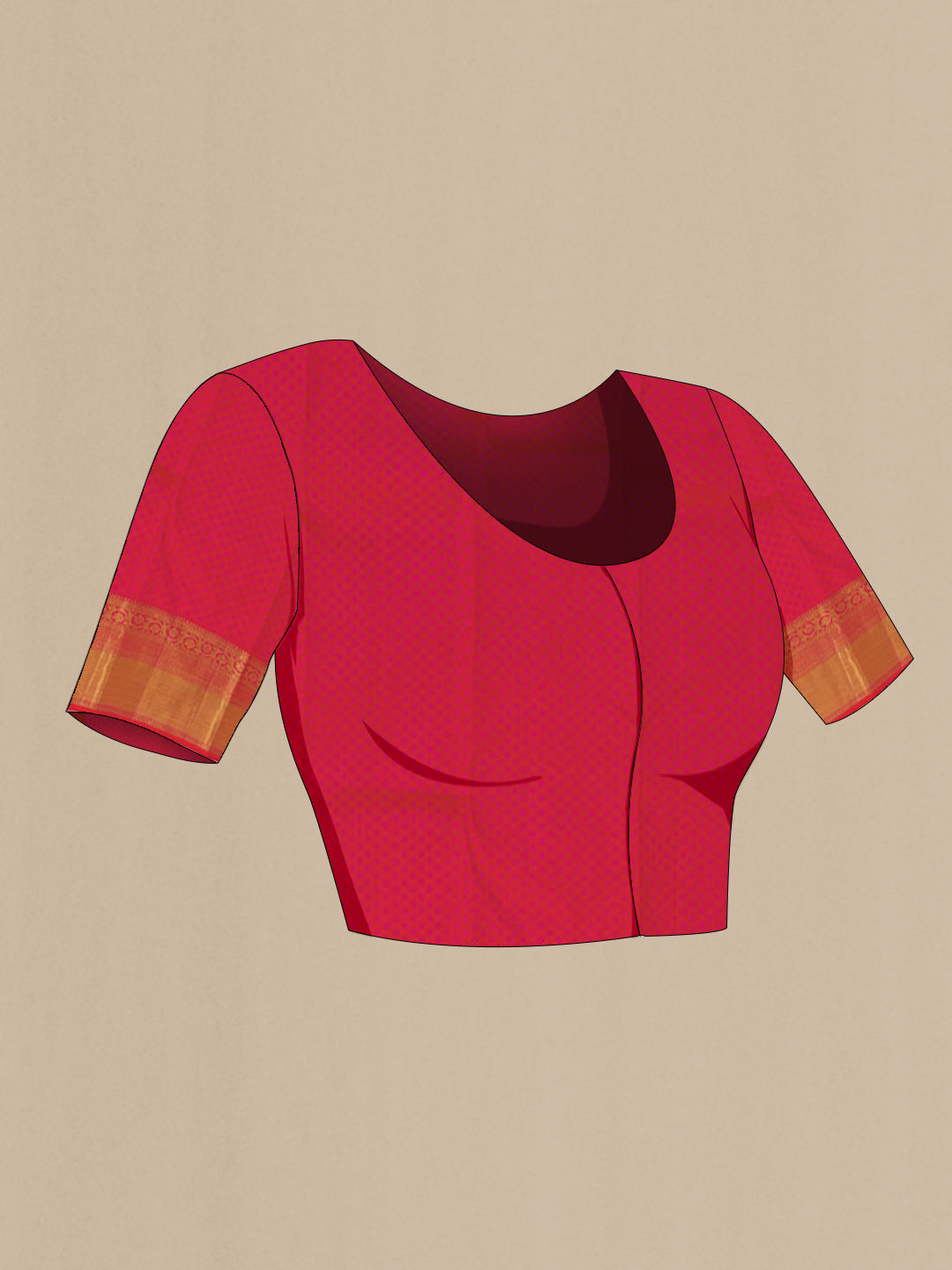 Close up image of the blouse of Pink Kanchipuram Silk Saree with Zari Brocade on the body and Zari Border. 
