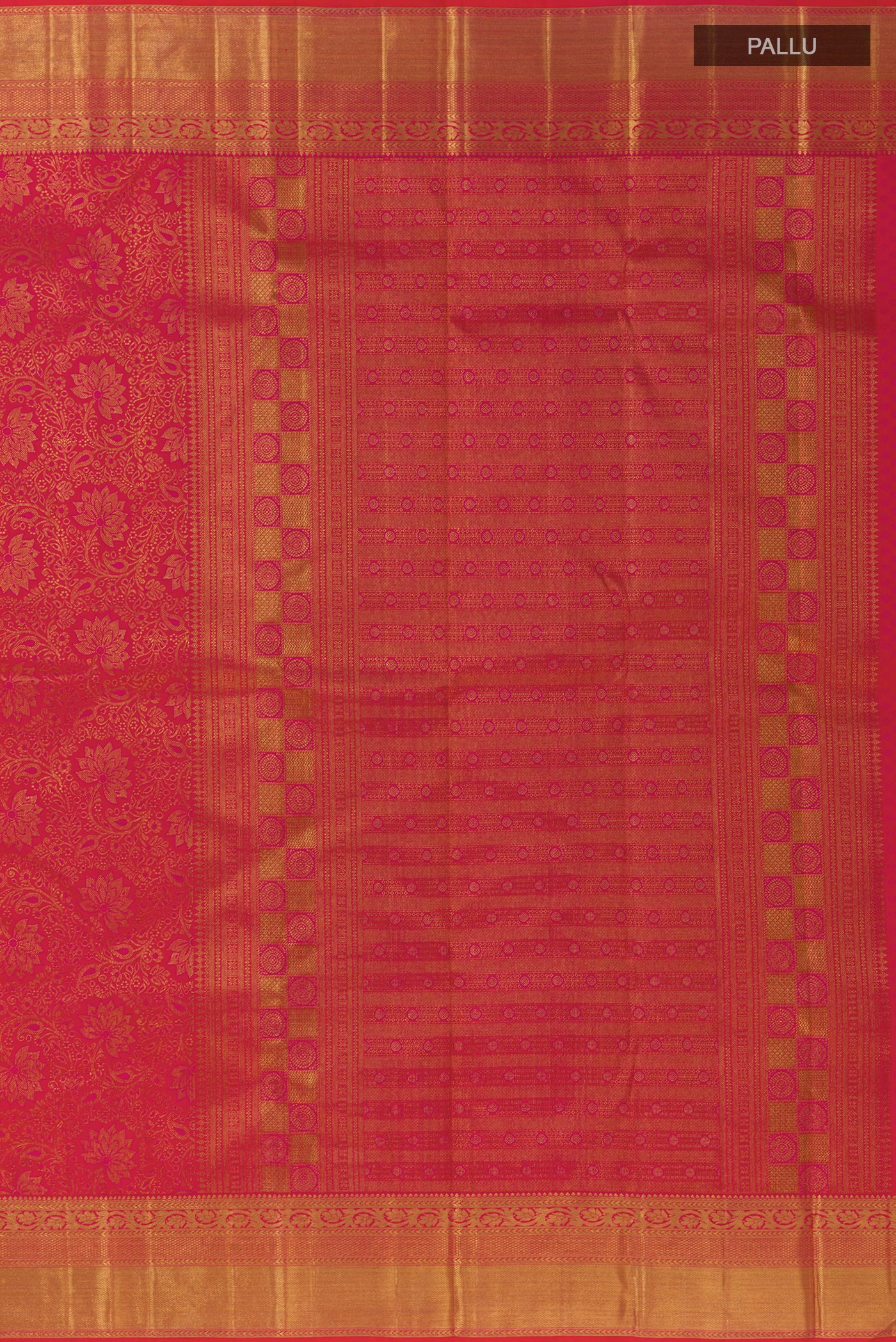 Close up image of the pallu of Pink Kanchipuram Silk Saree with Zari Brocade on the body and Zari Border. 