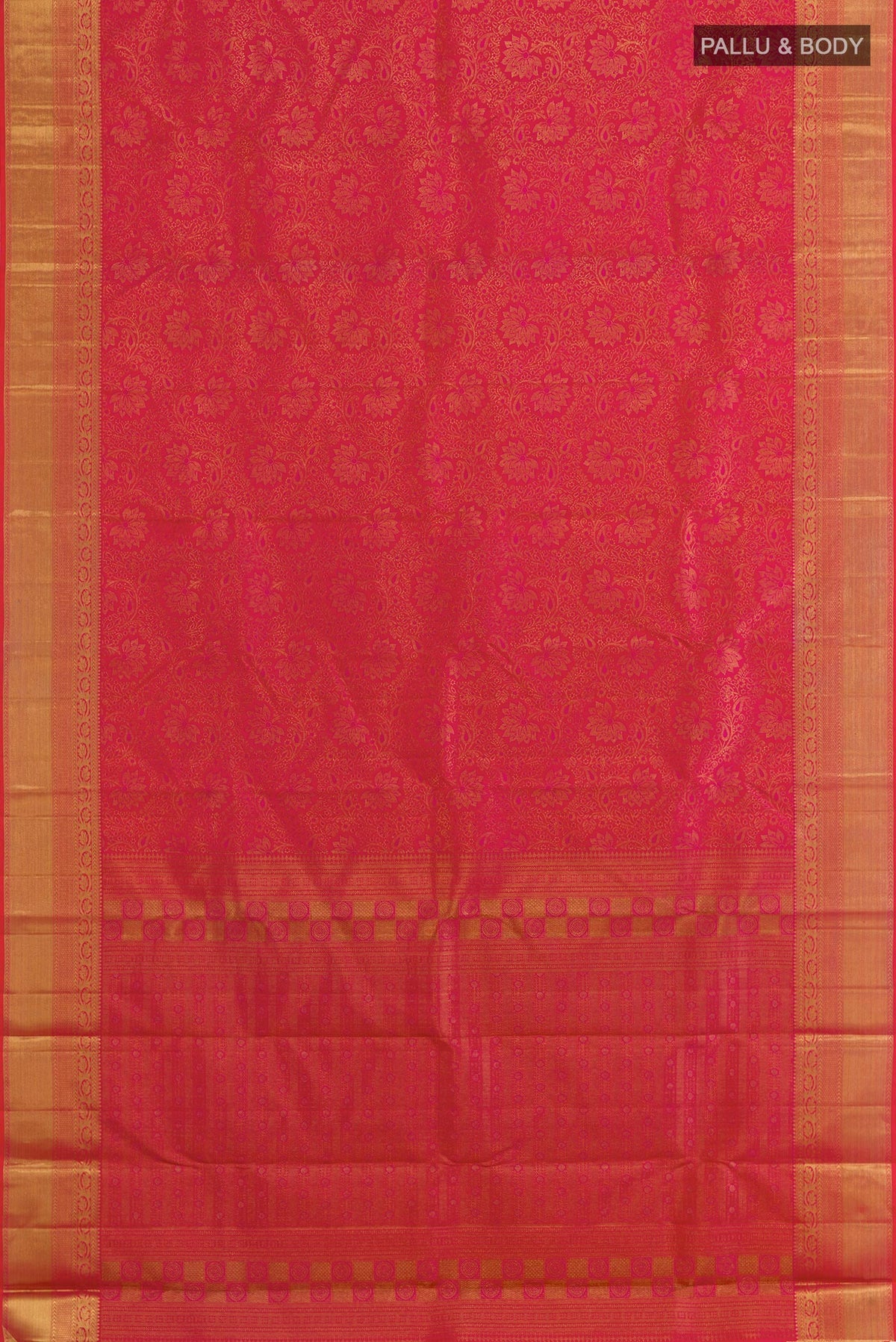Flat view of Pink Kanchipuram Silk Saree with Zari Brocade on the body and Zari Border. 