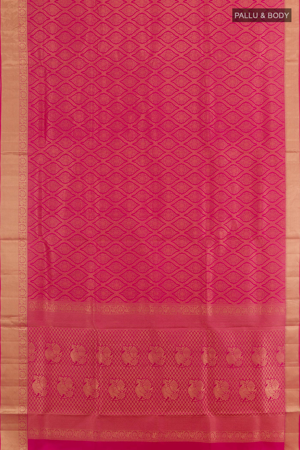 Flat view of Pink Soft Silk Saree with Zari Brocade on the body and Zari Border. 