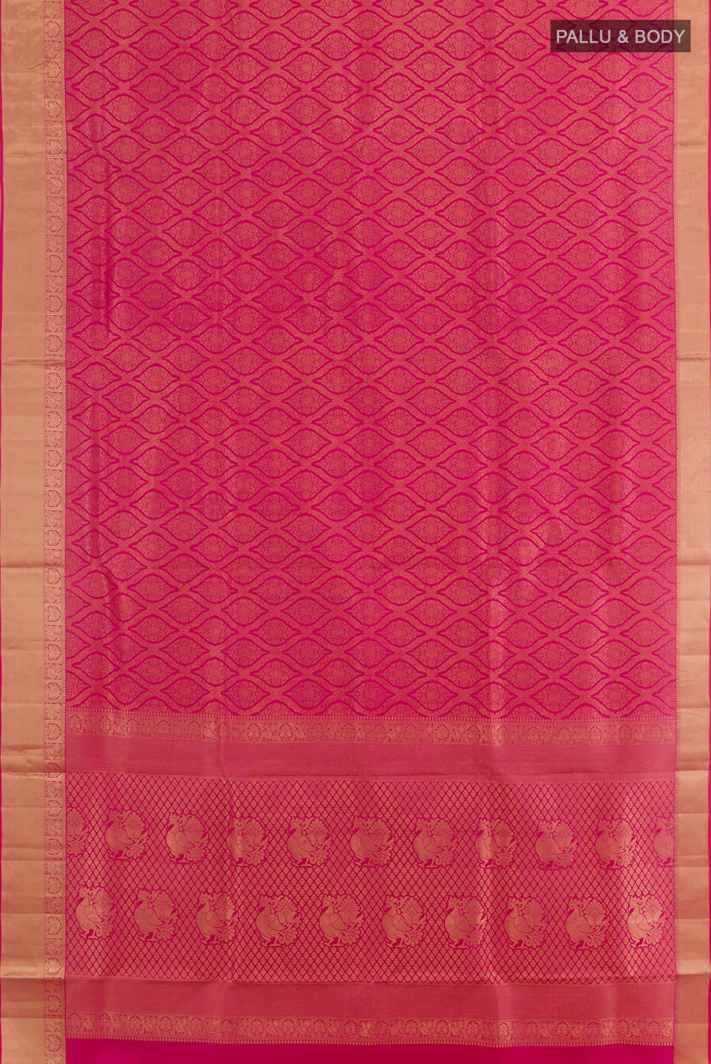 Flat view of Pink Soft Silk Saree with Zari Brocade on the body and Zari Border. 