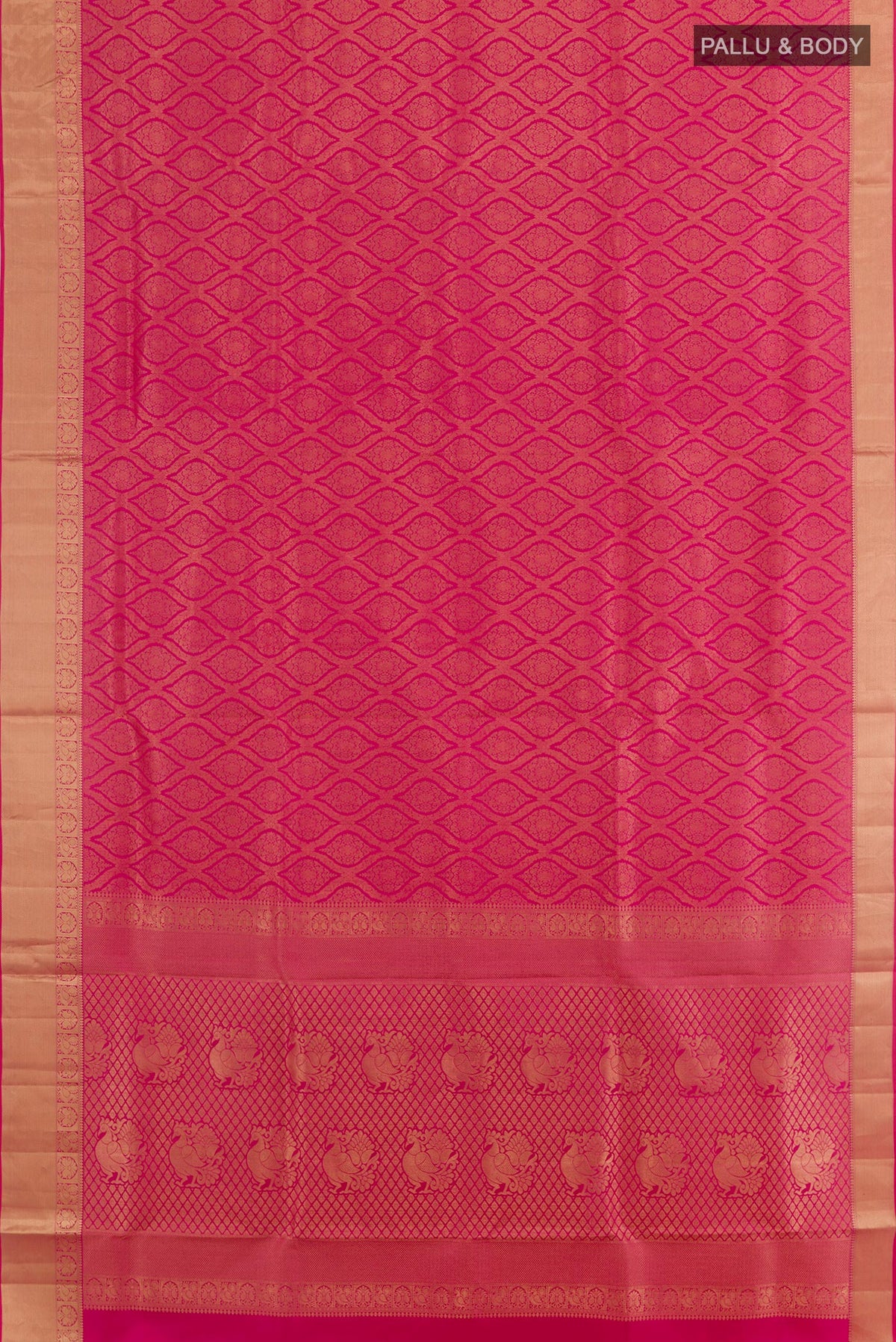 Flat view of Pink Soft Silk Saree with Zari Brocade on the body and Zari Border. 