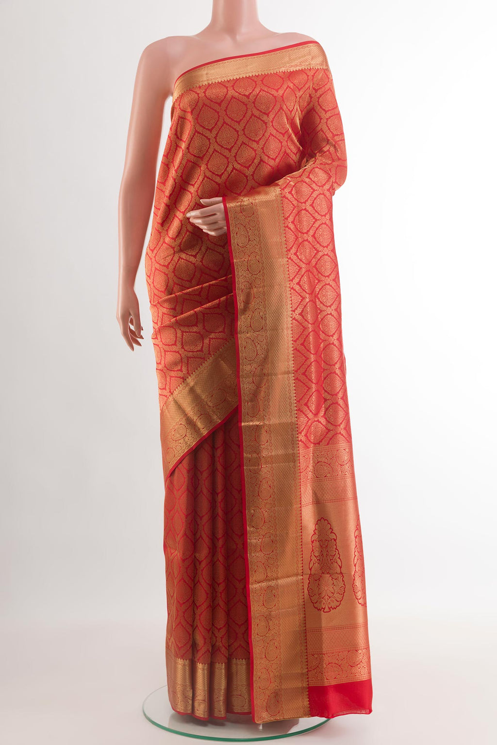 Red Soft Silk Saree with Zari Brocade on the body and Zari Border.  displayed on a mannequin