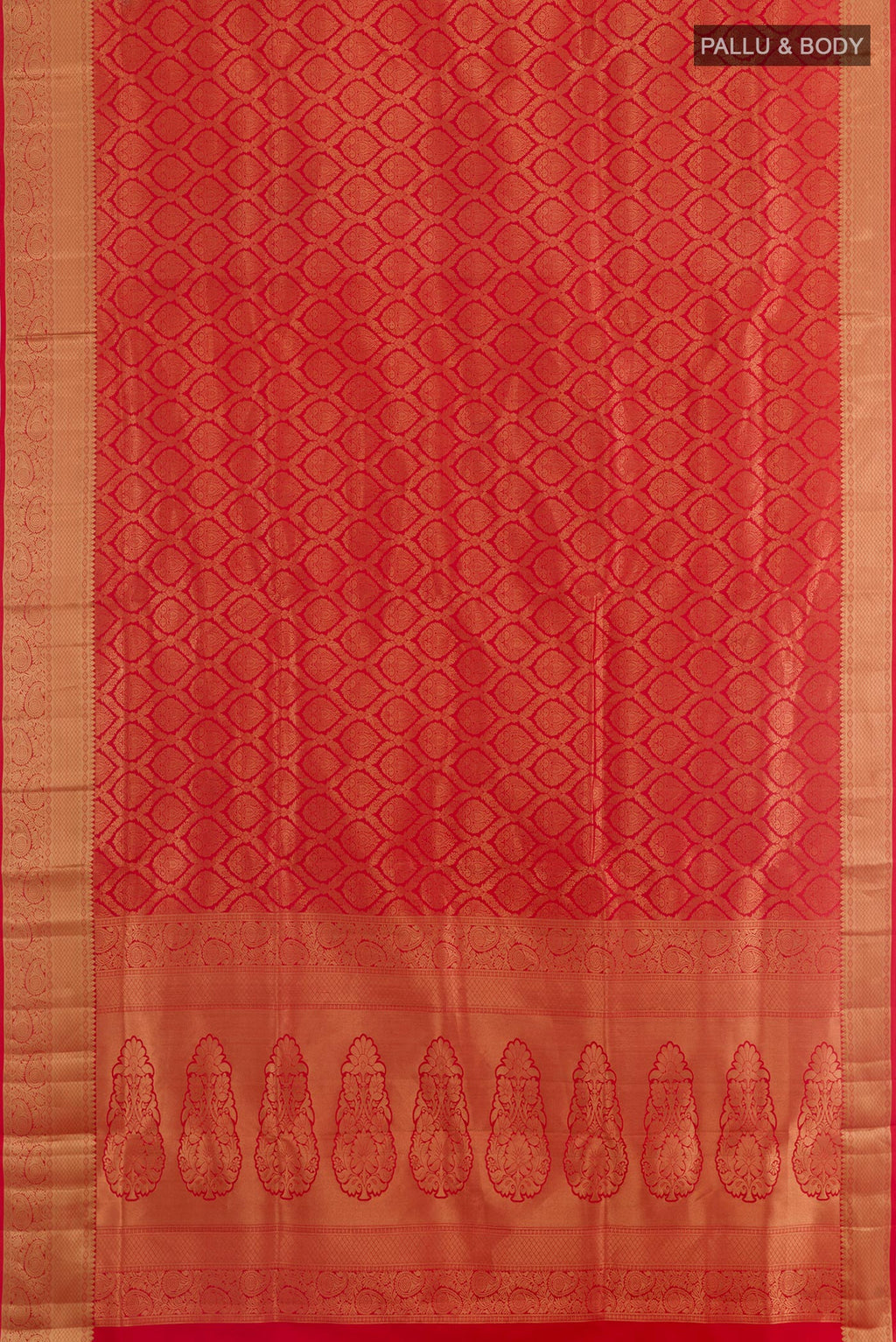 Flat view of Red Soft Silk Saree with Zari Brocade on the body and Zari Border. 