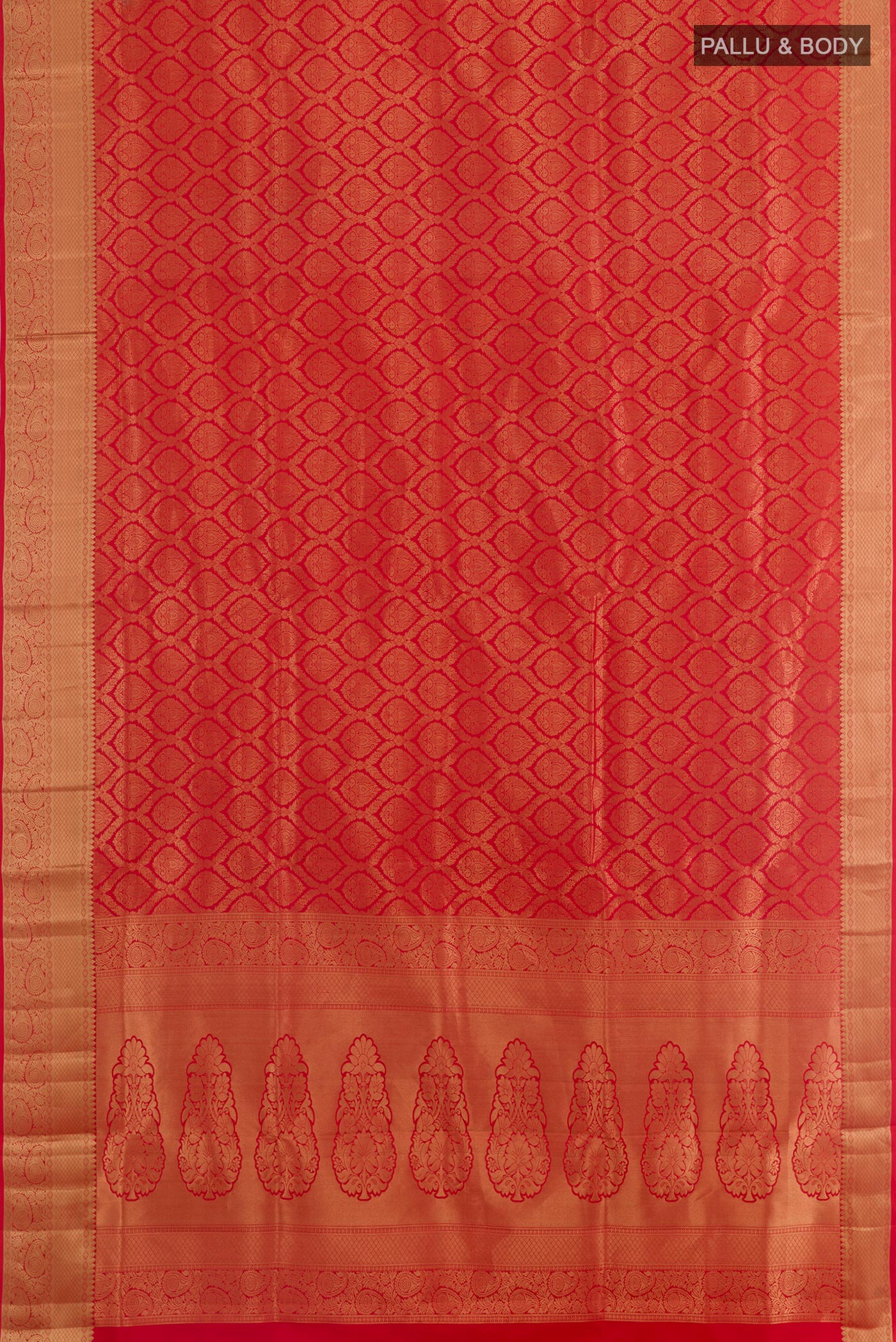 Flat view of Red Soft Silk Saree with Zari Brocade on the body and Zari Border. 