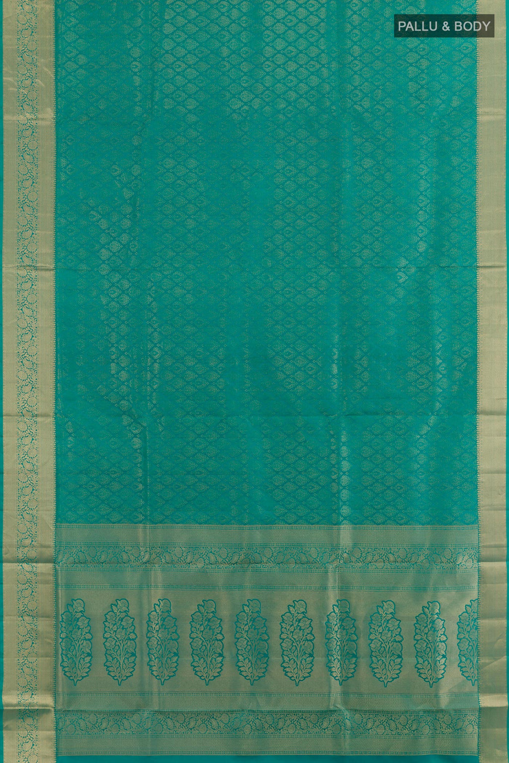 Flat view of Sea Green Soft Silk Saree with Zari Brocade on the body and Zari Border. 