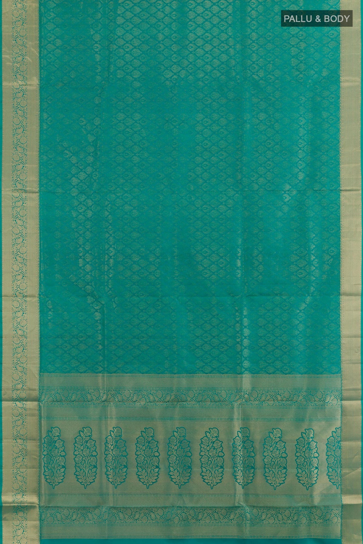 Flat view of Sea Green Soft Silk Saree with Zari Brocade on the body and Zari Border. 