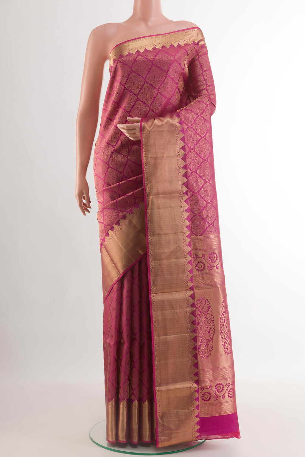 Magenta Soft Silk Saree with Zari Brocade on the body and Zari Border.  displayed on a mannequin