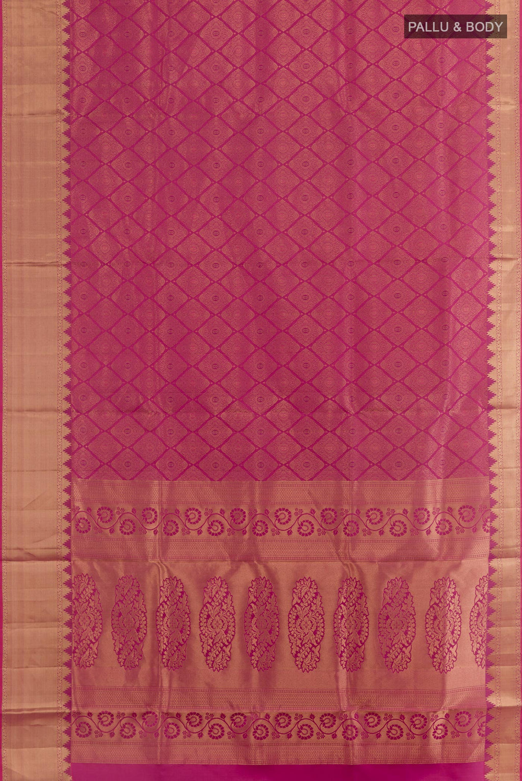 Flat view of Magenta Soft Silk Saree with Zari Brocade on the body and Zari Border. 
