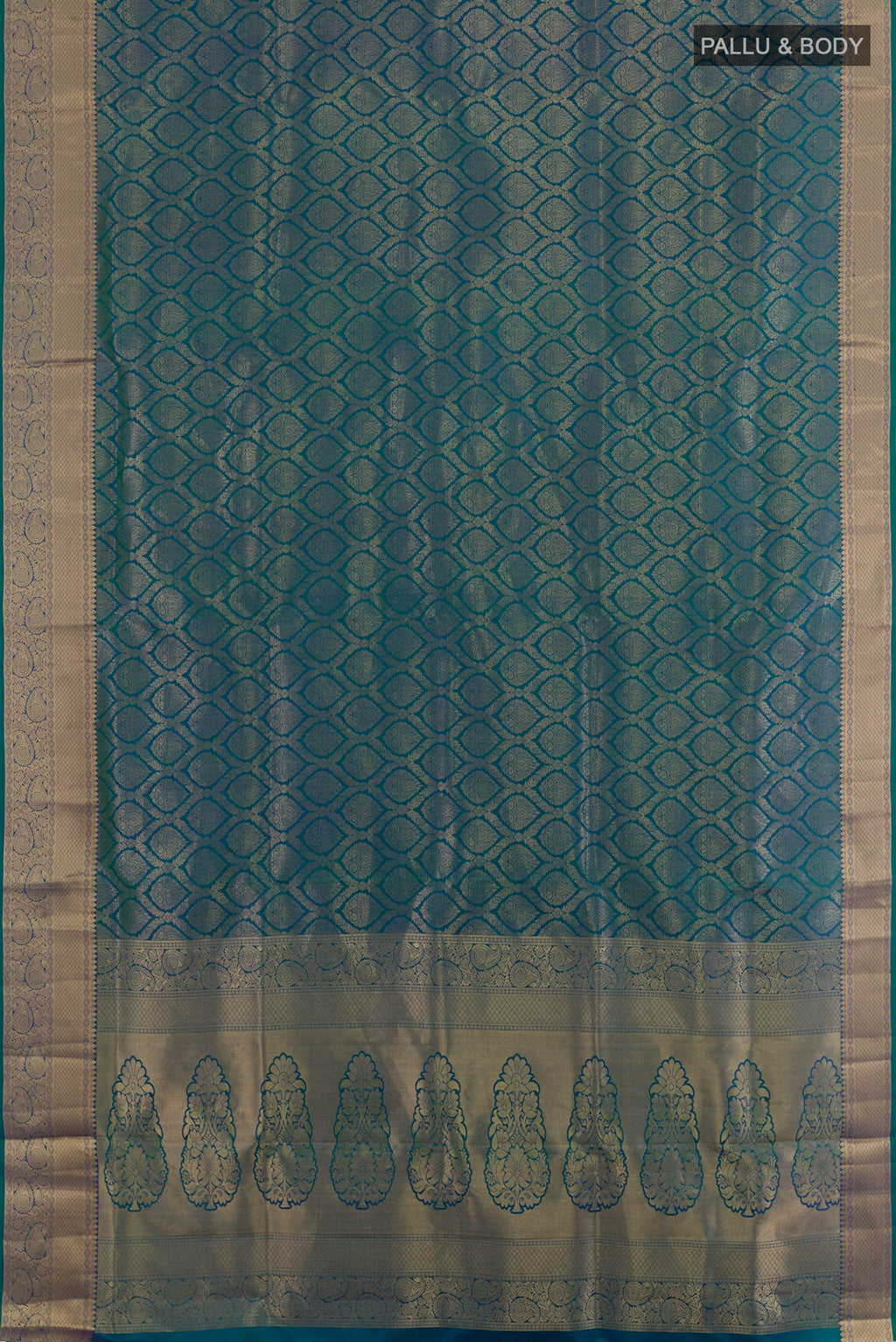 Flat view of Peacock Blue Soft Silk Saree with Zari Brocade on the body and Zari Border. 