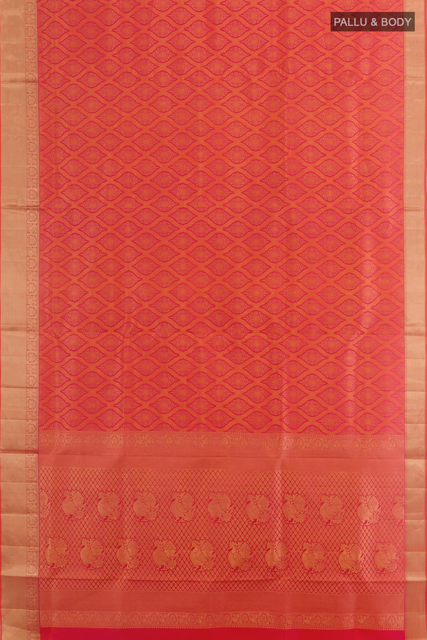 Flat view of Orange with Pink Color Soft Silk Saree with Zari Brocade on the body and Zari Border. 