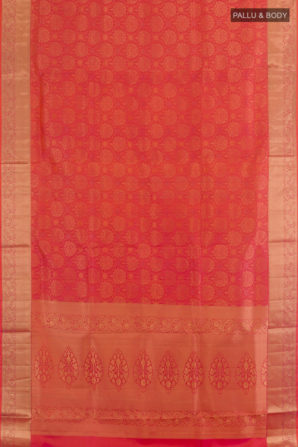 Flat view of Pink with Orange Color Soft Silk Saree with Zari Brocade on the body and Zari Border. 